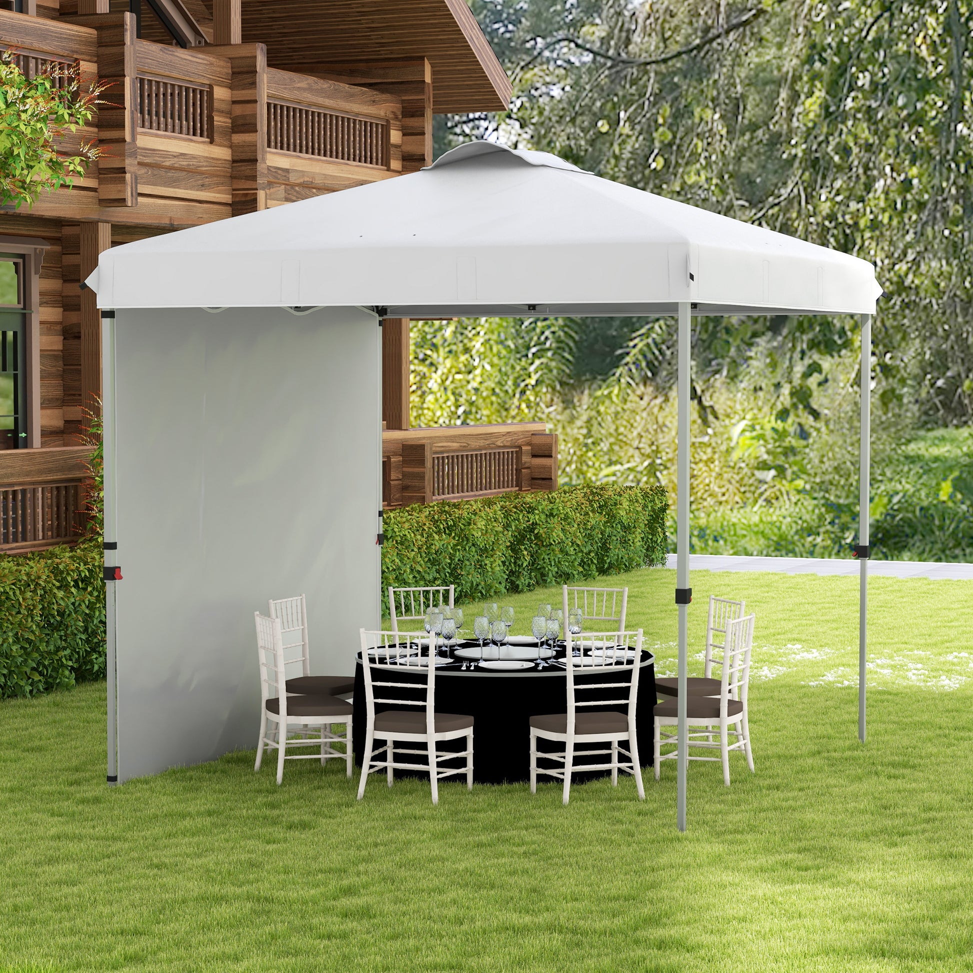 Outsunny Carpa Plegable 2,5x2,5 m Cenador de Jardín con 1 Pared Lateral Altura Ajustable en 3 Niveles Anti-UV Impermeable y Bolsa de Arena Gazebo para Exterior Camping Fiestas Blanco