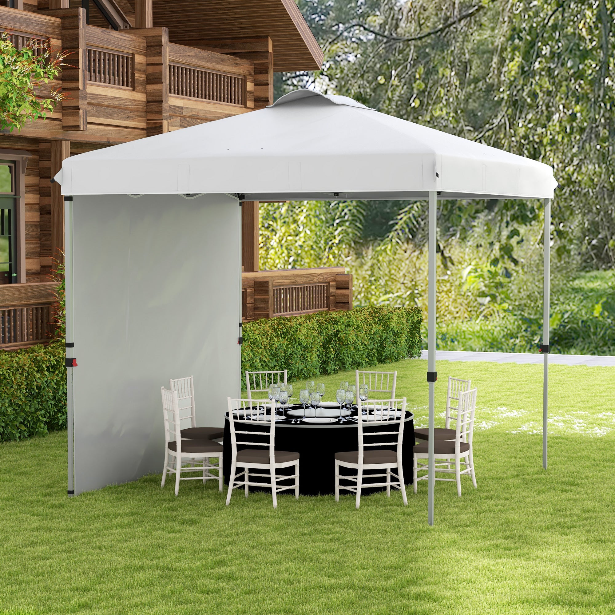 Outsunny Carpa Plegable 2,5x2,5 m Cenador de Jardín con 1 Pared Lateral Altura Ajustable en 3 Niveles Anti-UV Impermeable y Bolsa de Arena Gazebo para Exterior Camping Fiestas Blanco