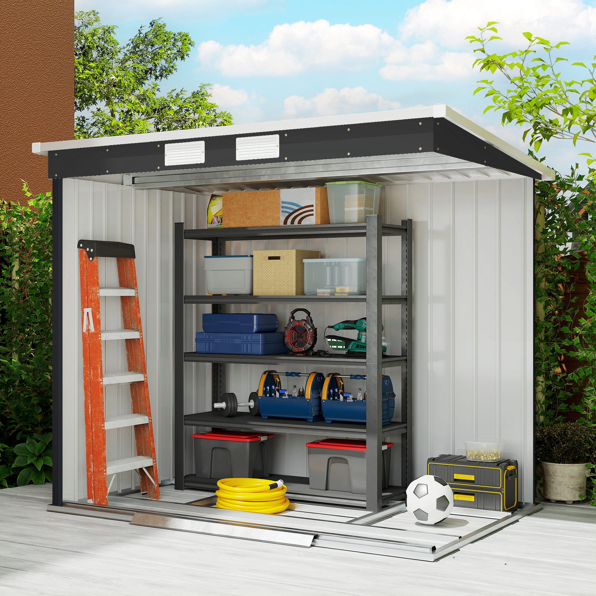 Outsunny Caseta de Jardín Exterior 2,4 m², 213x130x172 cm, Cobertizo de Jardín Exterior Metálico con Puerta Corredera, Techo Inclinado, Base Refuerzo (Suelo NO Incluido) y 2 Ventanas, Gris Oscuro