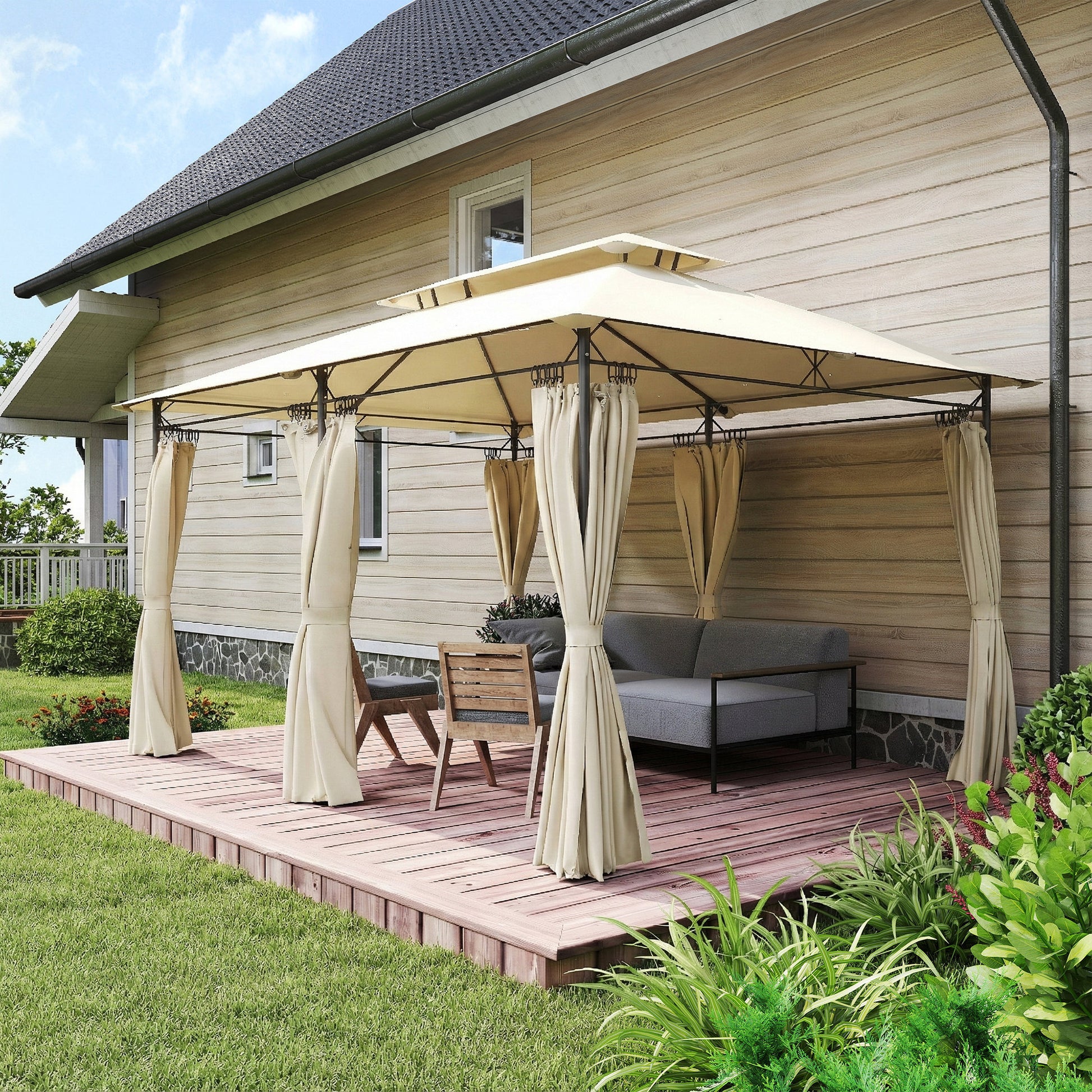 Outsunny Cenador de Jardín 4x3 m, Pabellón de Jardín Gazebo con Doble Techo, 6 Paredes Laterales, Estructura Metálica, Orificios de Drenaje, Carpa para Exterior, Terraza, Patio, Beige