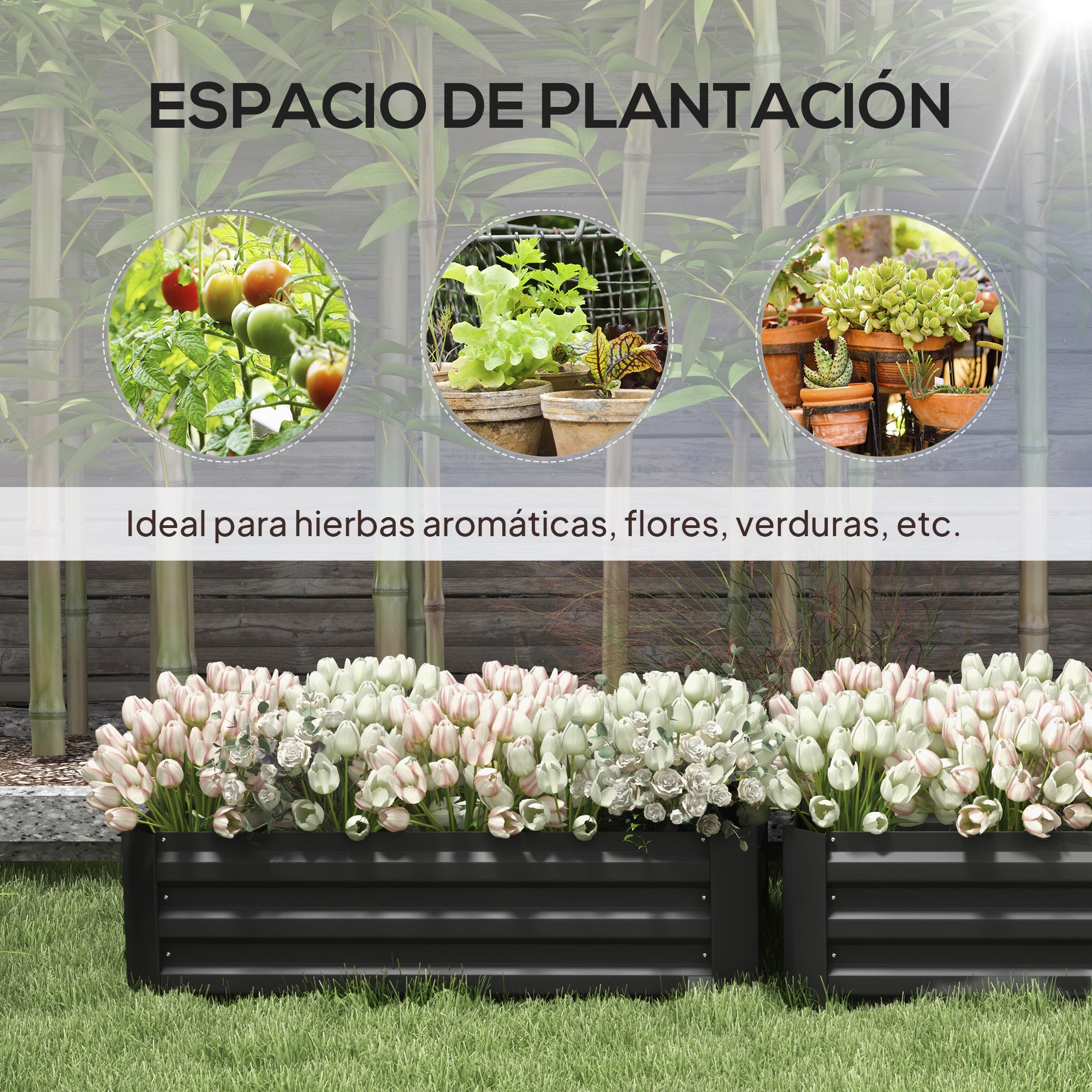 Outsunny Juego de 2 Jardineras Exterior Grandes de Acero Galvanizado, Huertos Urbanos, Maceteros Exterior Elevados para Plantas, Flores, Terraza, Resistente a la Intemperie, 100x50x30 cm, Negro