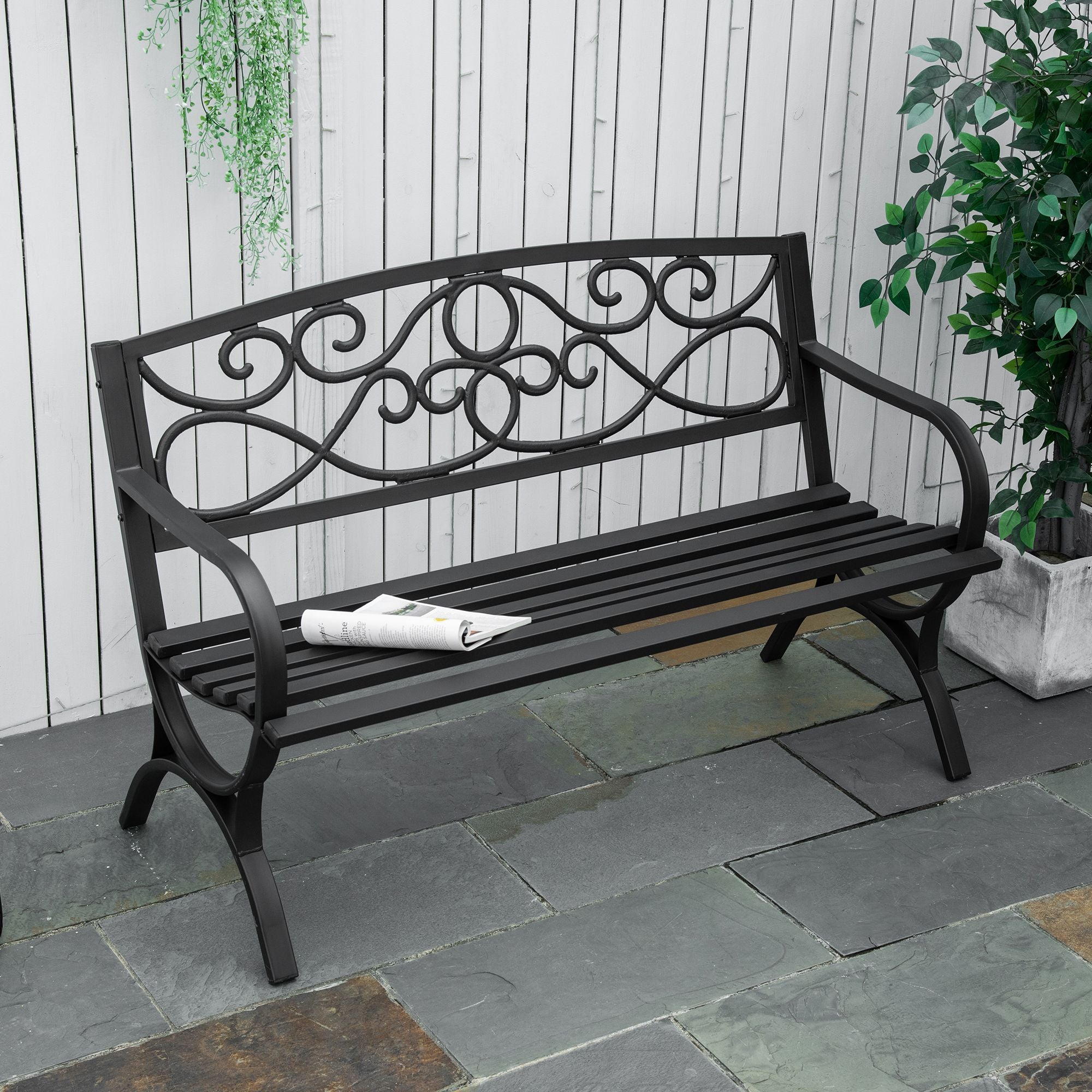 Outsunny Banco de Jardín de 2 Plazas con Respaldo y Reposabrazos Estilo Vintage para Terraza Balcón Patio Exterior Carga 240 kg Hierro Fundido y Acero 128x58,5x85 cm Negro