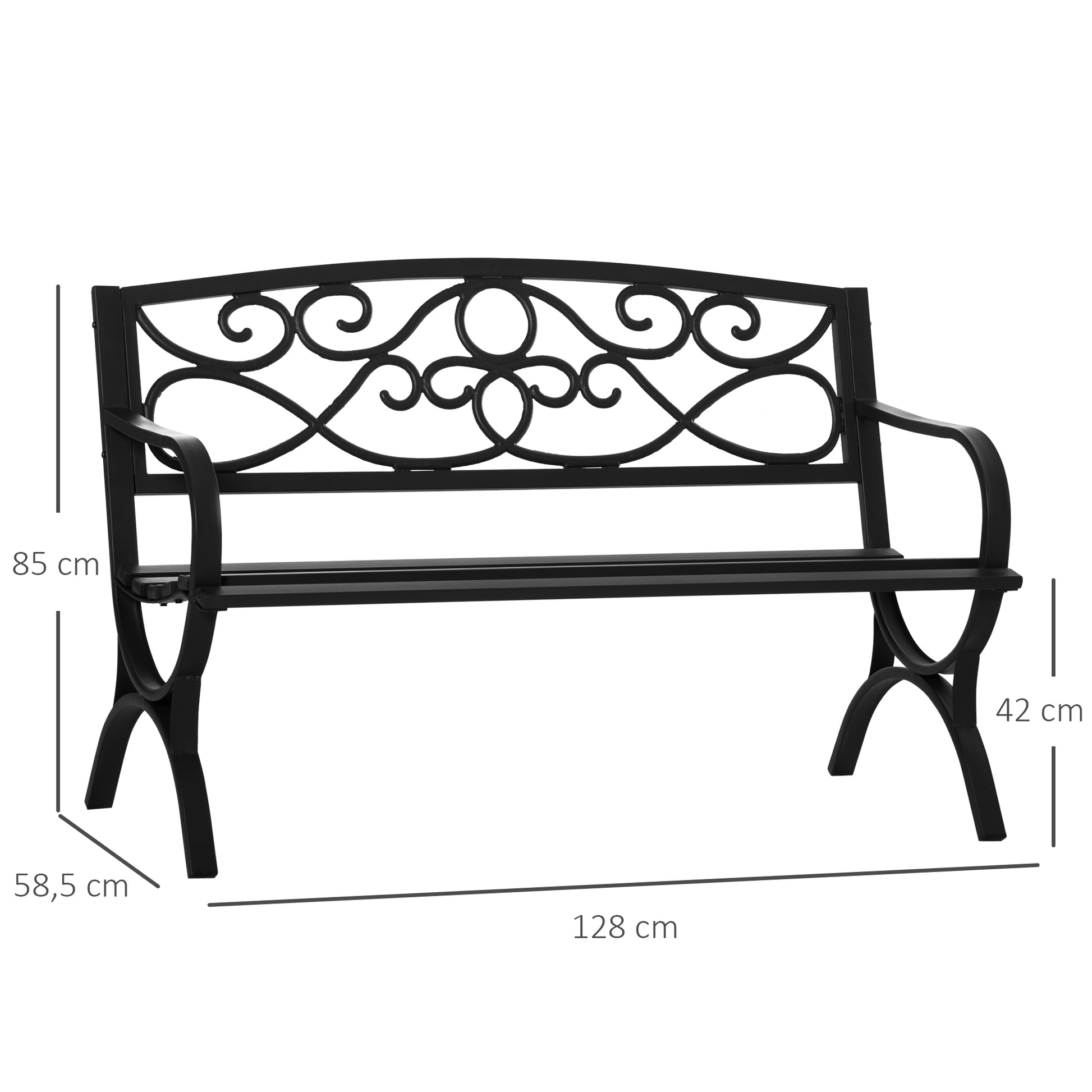 Outsunny Banco de Jardín de 2 Plazas con Respaldo y Reposabrazos Estilo Vintage para Terraza Balcón Patio Exterior Carga 240 kg Hierro Fundido y Acero 128x58,5x85 cm Negro