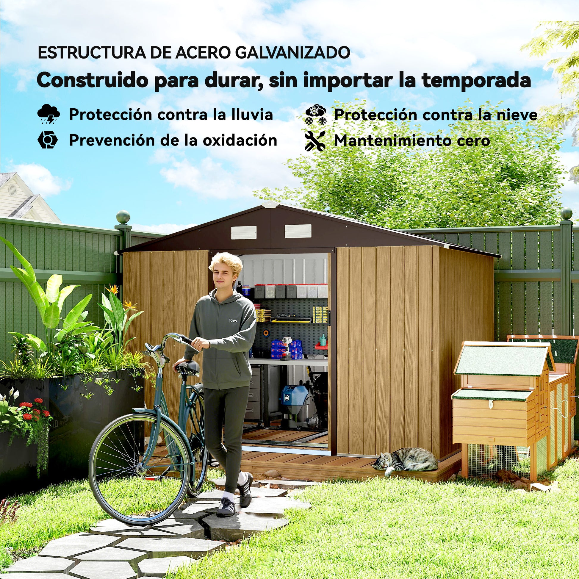 Outsunny Caseta de Jardín Exterior 4,9 m², 277x195x192 cm, Cobertizo de Jardín Exterior Metálico con Puerta Corredera, Ventilación y Kit de Fundación, para Almacenamiento de Herramientas, Marrón Claro