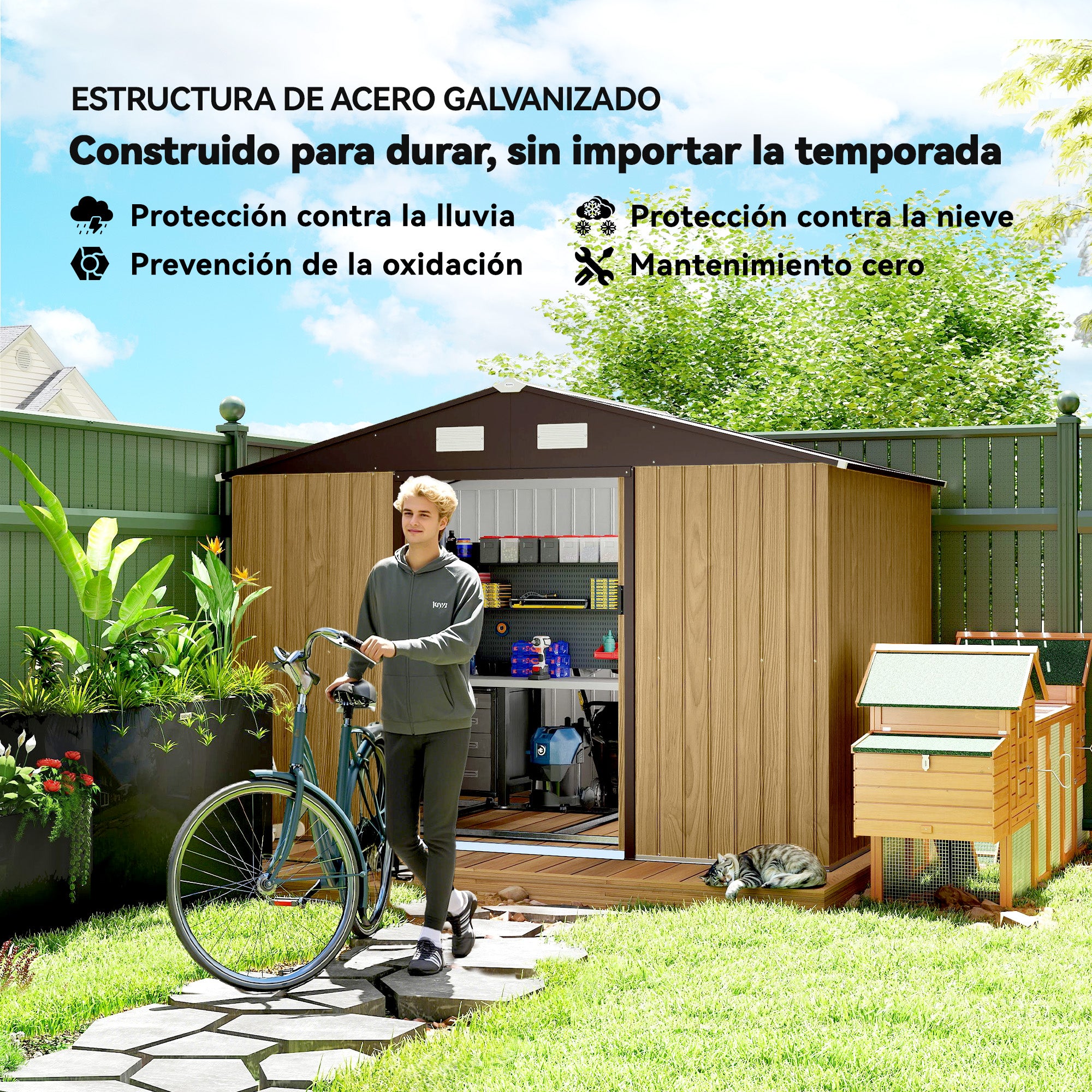 Outsunny Caseta de Jardín Exterior 4,9 m², 277x195x192 cm, Cobertizo de Jardín Exterior Metálico con Puerta Corredera, Ventilación y Kit de Fundación, para Almacenamiento de Herramientas, Marrón Claro
