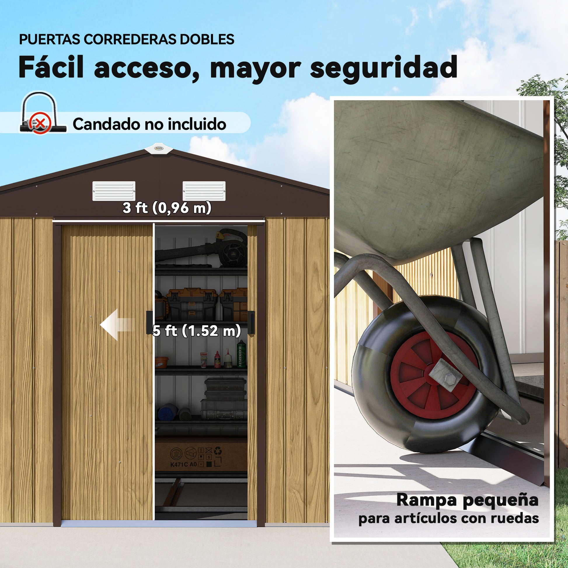 Outsunny Caseta de Jardín Exterior 4,9 m², 277x195x192 cm, Cobertizo de Jardín Exterior Metálico con Puerta Corredera, Ventilación y Kit de Fundación, para Almacenamiento de Herramientas, Marrón Claro