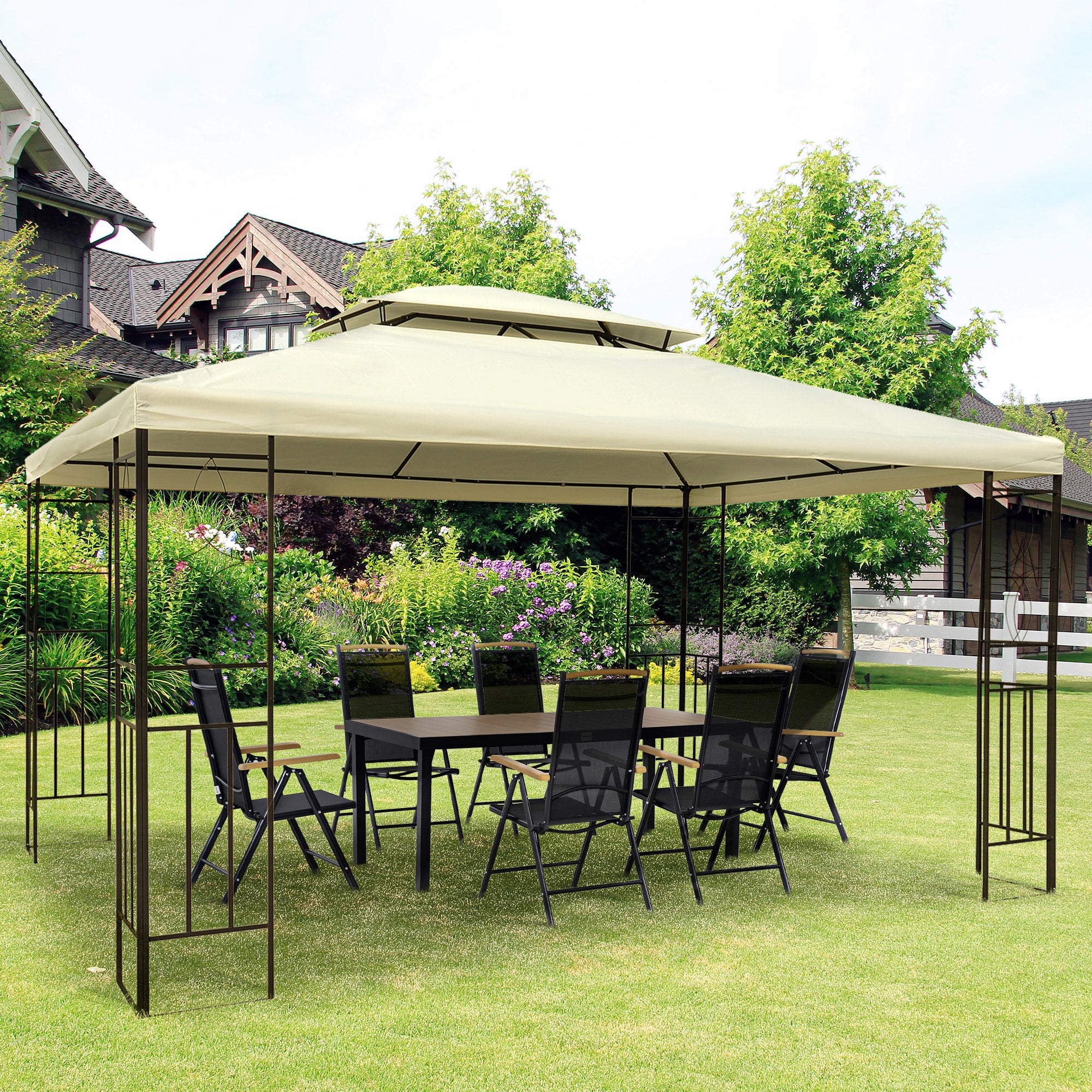 Outsunny Cenador de Jardín 4x3 m, Pabellón de Jardín Gazebo con Doble Techo, Marco de Acero, 8 Orificios de Drenaje, UPF30+, Carpa para Exterior, Terraza, Patio, Fiestas, Blanco Crema