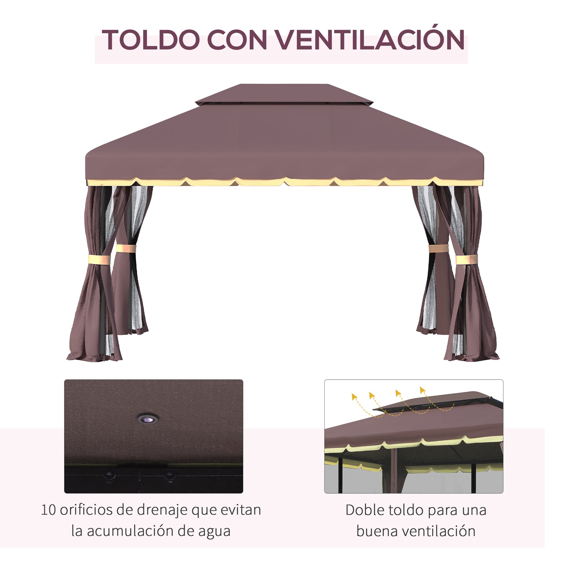 Outsunny Cenador de Jardín 4x3 m Gazebo de Aluminio con Techo de Ventilación 4 Cortinas Laterales 4 Mosquiteras y 8 Orificios de Drenaje para Fiestas Eventos Exterior Café