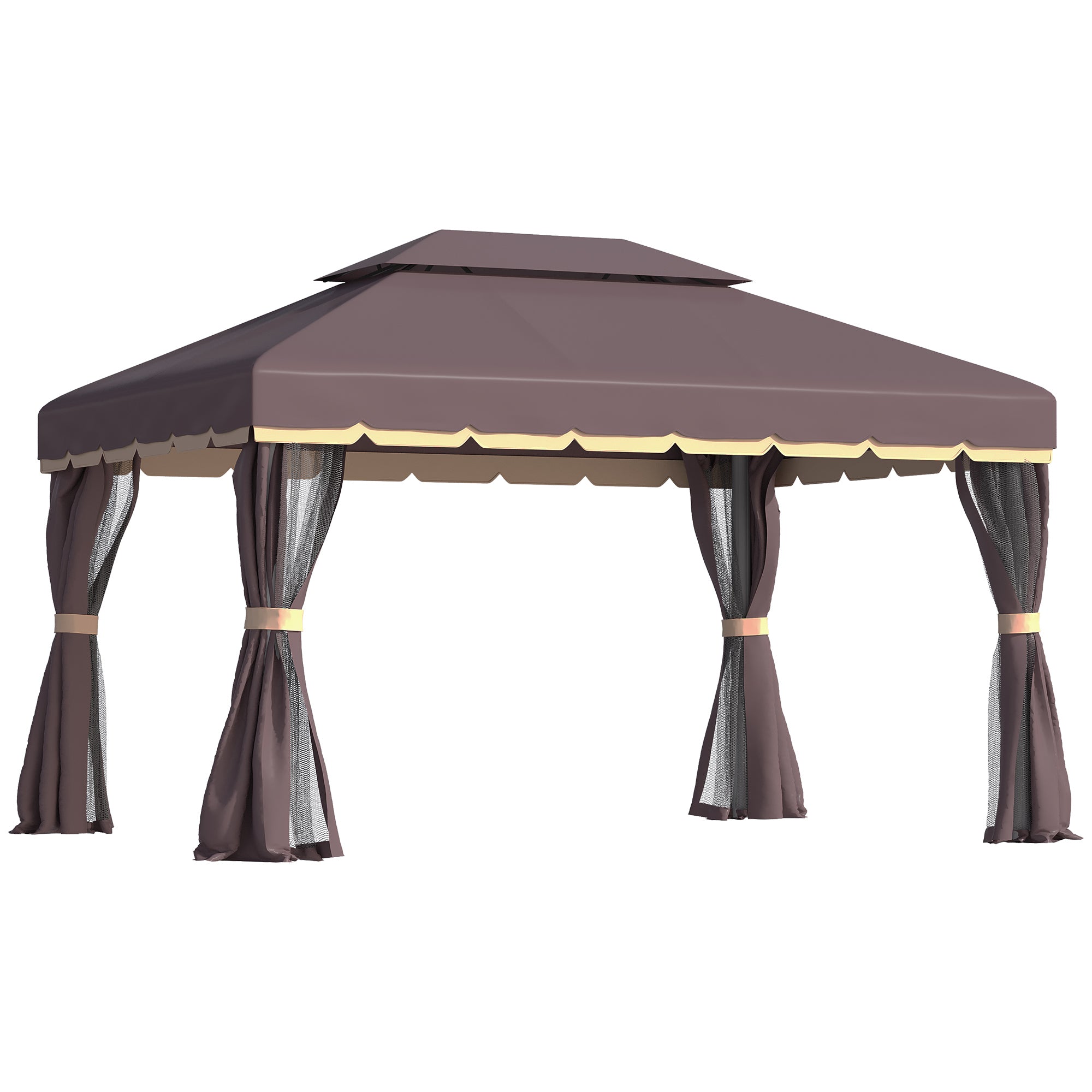 Outsunny Cenador de Jardín 4x3 m Gazebo de Aluminio con Techo de Ventilación 4 Cortinas Laterales 4 Mosquiteras y 8 Orificios de Drenaje para Fiestas Eventos Exterior Café