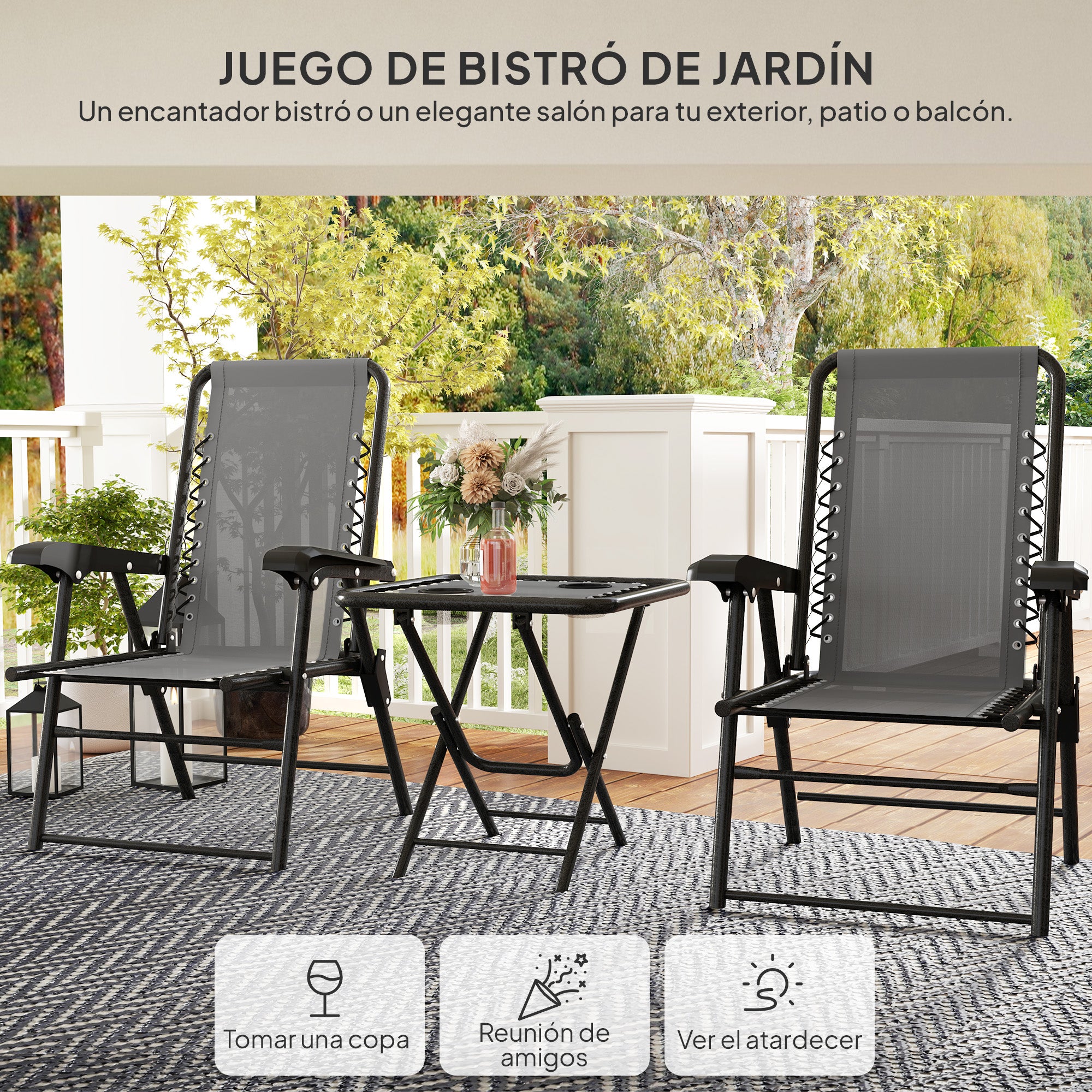 Outsunny Conjunto de Mesa y Sillas de Terraza Exterior de 3 Piezas Muebles de Jardín Exterior Plegables con Estructura de Acero y Portavasos para Patio Gris Oscuro
