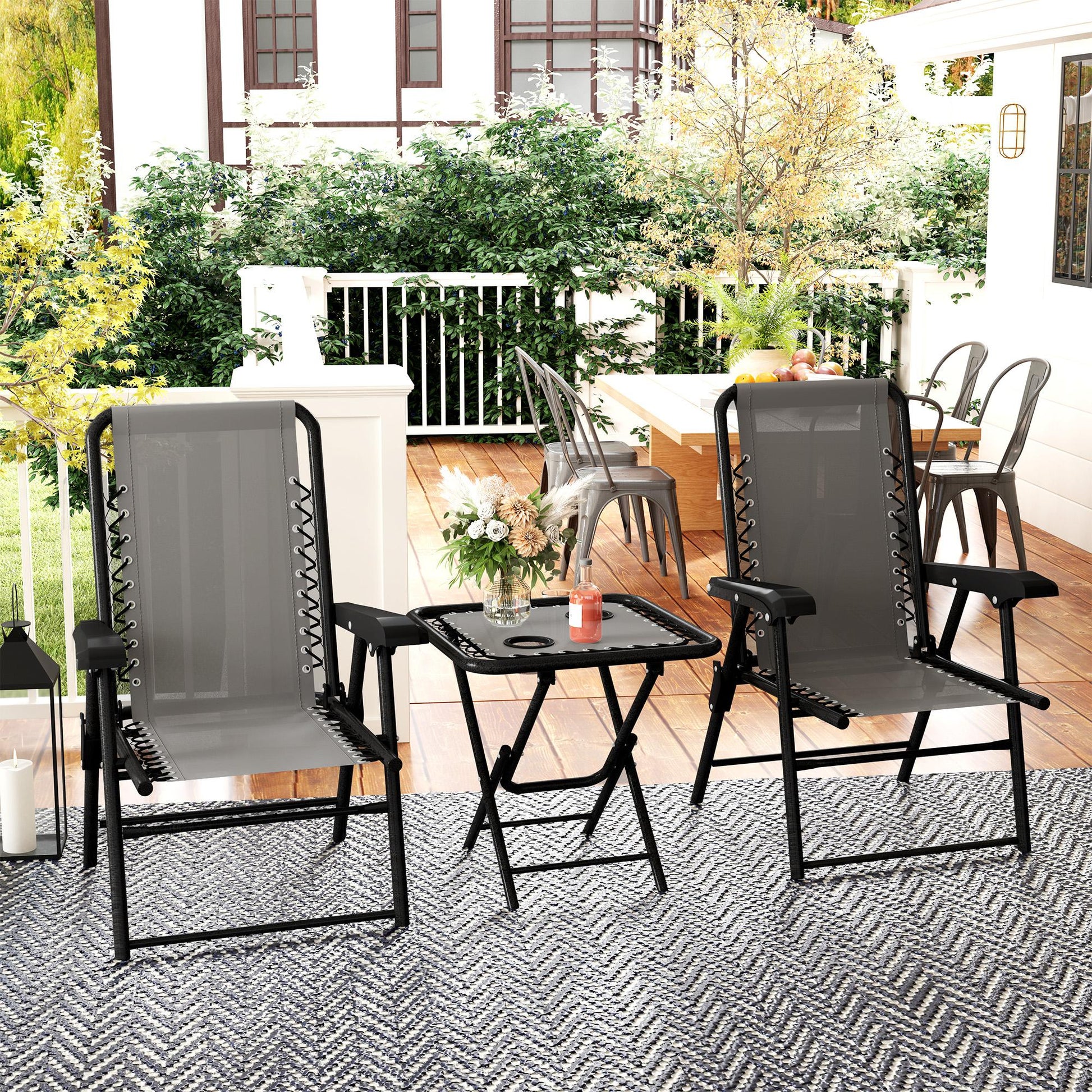 Outsunny Conjunto de Mesa y Sillas de Terraza Exterior de 3 Piezas Muebles de Jardín Exterior Plegables con Estructura de Acero y Portavasos para Patio Gris Oscuro