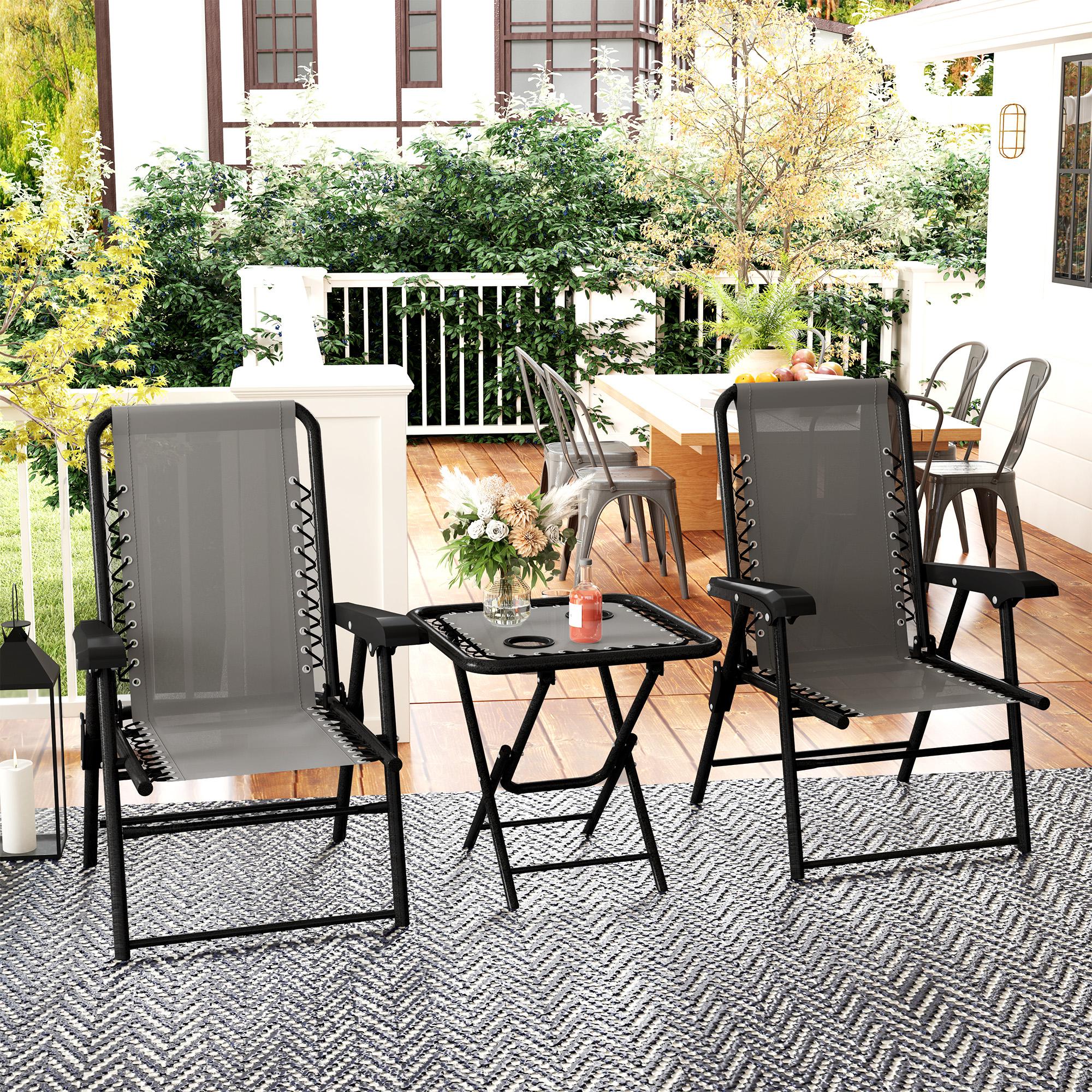 Outsunny Conjunto de Mesa y Sillas de Terraza Exterior de 3 Piezas Muebles de Jardín Exterior Plegables con Estructura de Acero y Portavasos para Patio Gris Oscuro