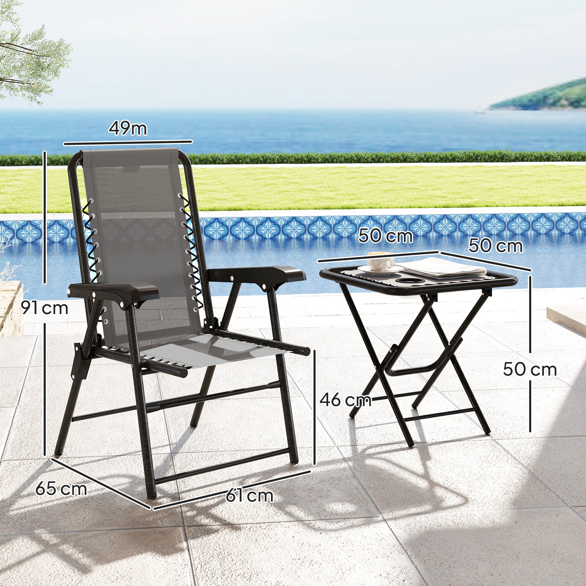 Outsunny Conjunto de Mesa y Sillas de Terraza Exterior de 3 Piezas Muebles de Jardín Exterior Plegables con Estructura de Acero y Portavasos para Patio Gris Oscuro