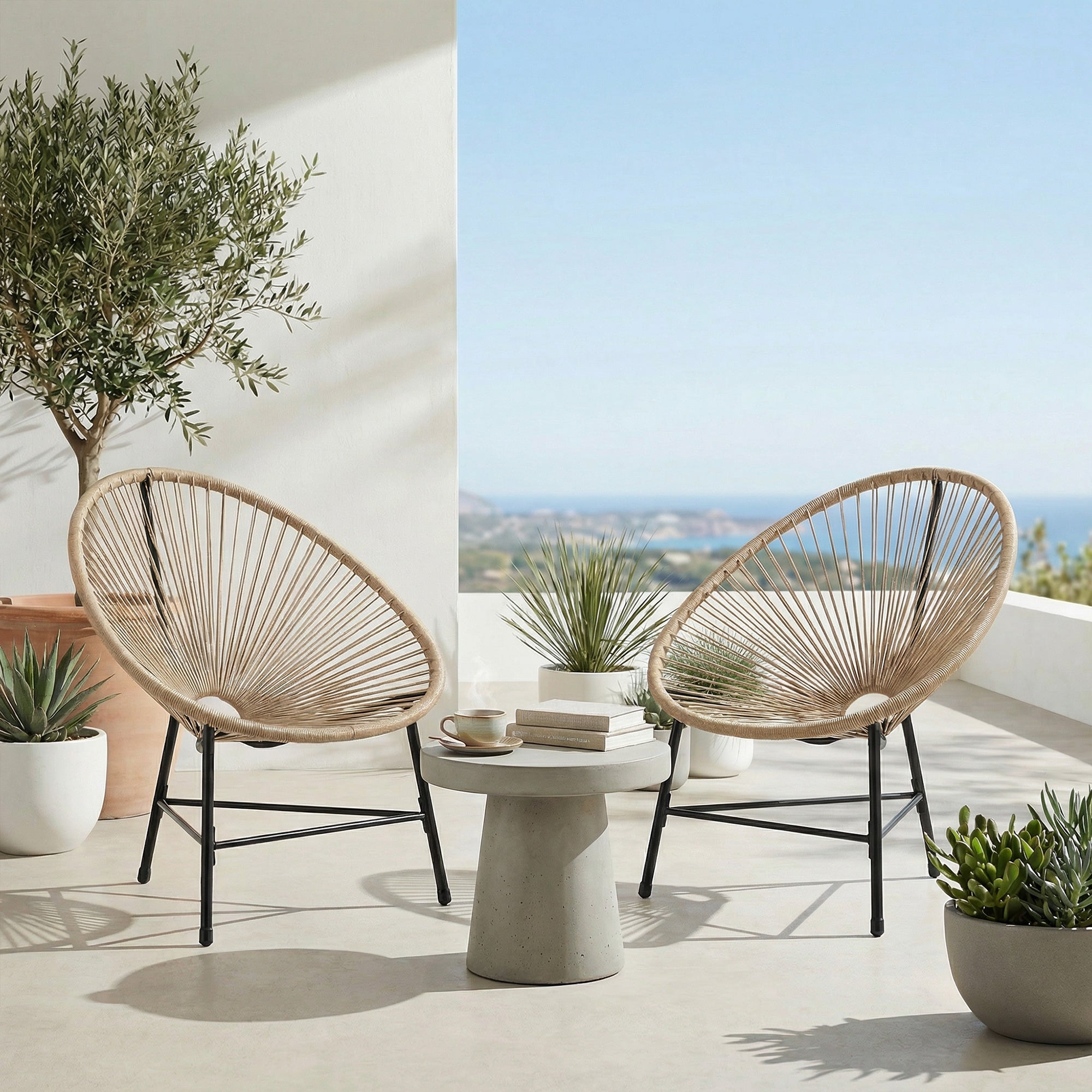 Outsunny Conjunto de 2 Sillas Acapulco de Jardín de Ratán Sintético, Sillas de Jardín Exterior con Estructura de Acero Triangular, para Balcón, Terraza, Carga 120 kg, Natural
