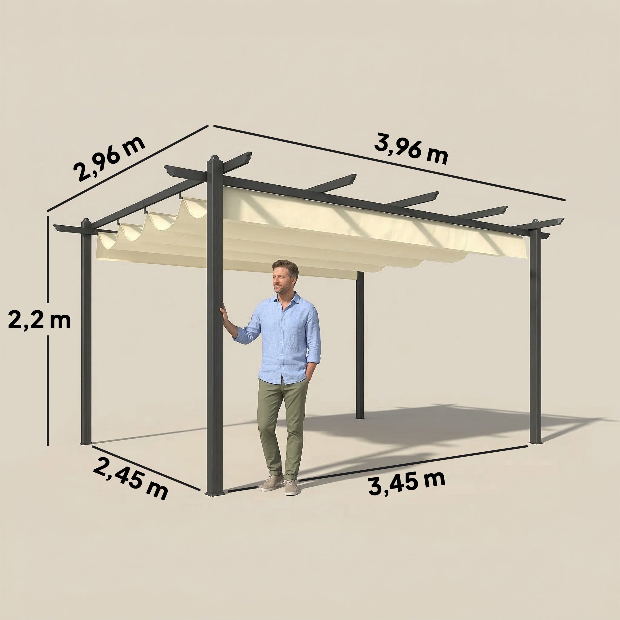 Outsunny Pérgola de Jardín 4x3 m con Techo Retráctil, Cenador de Jardín con Estructura de Aluminio, UPF30+, Orificios de Drenaje, Pabellón para Exterior, Patio, Terraza, Crema