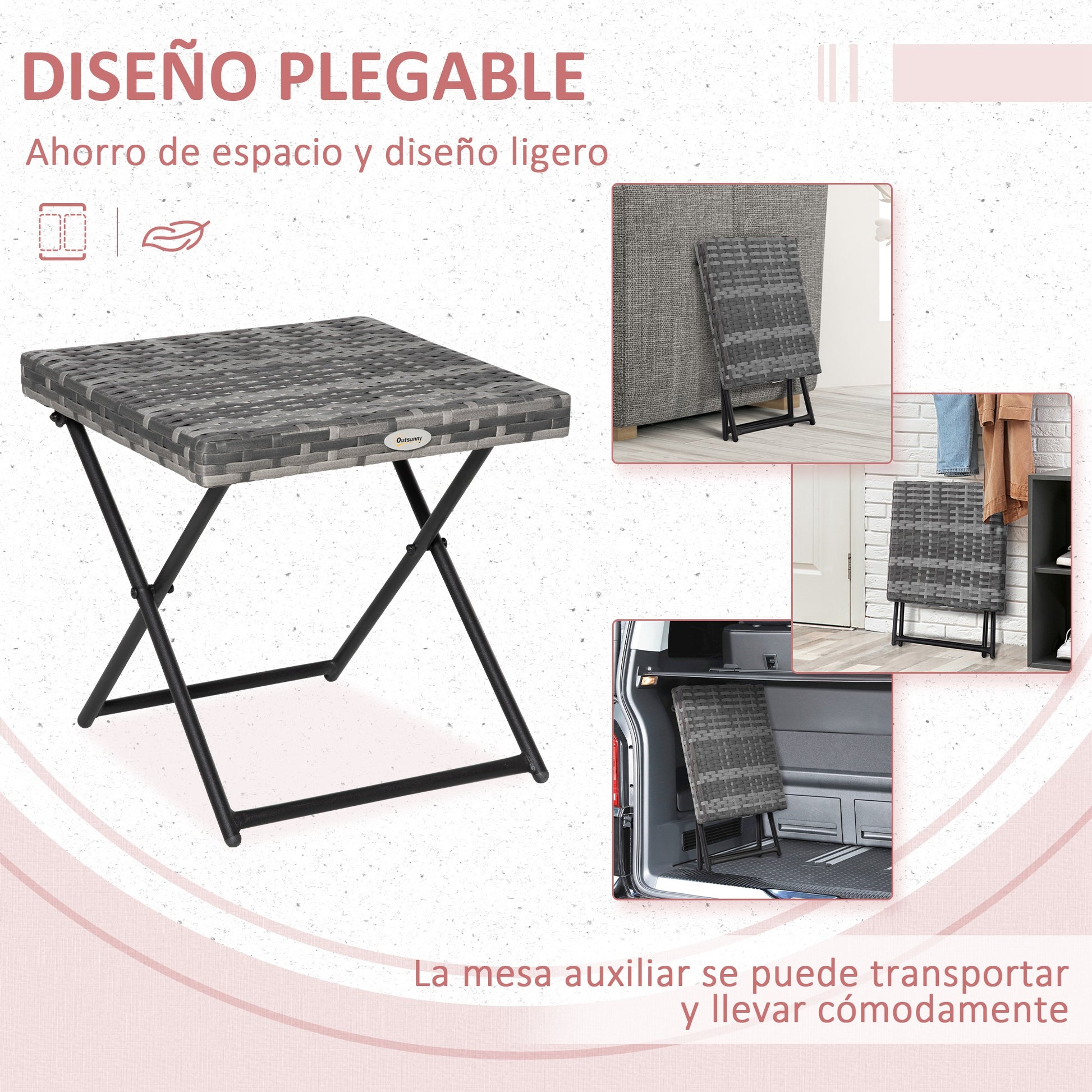 Outsunny Mesa de Jardín de Ratán Sintético 0,16 ㎡ Mesa de Terraza Exterior Plegable con Patas Cruzadas y Marco de Acero para Patio Balcón Gris