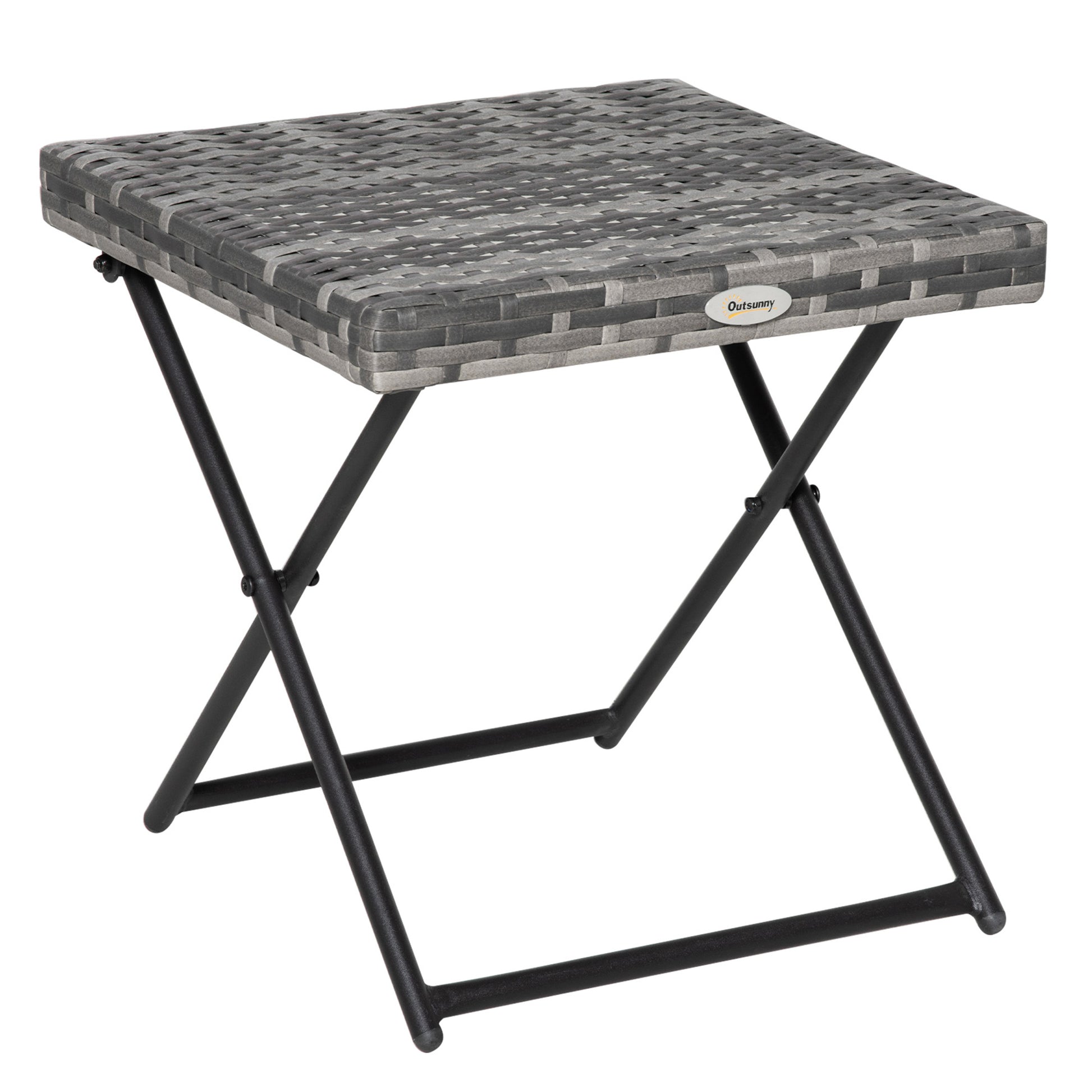 Outsunny Mesa de Jardín de Ratán Sintético 0,16 ㎡ Mesa de Terraza Exterior Plegable con Patas Cruzadas y Marco de Acero para Patio Balcón Gris