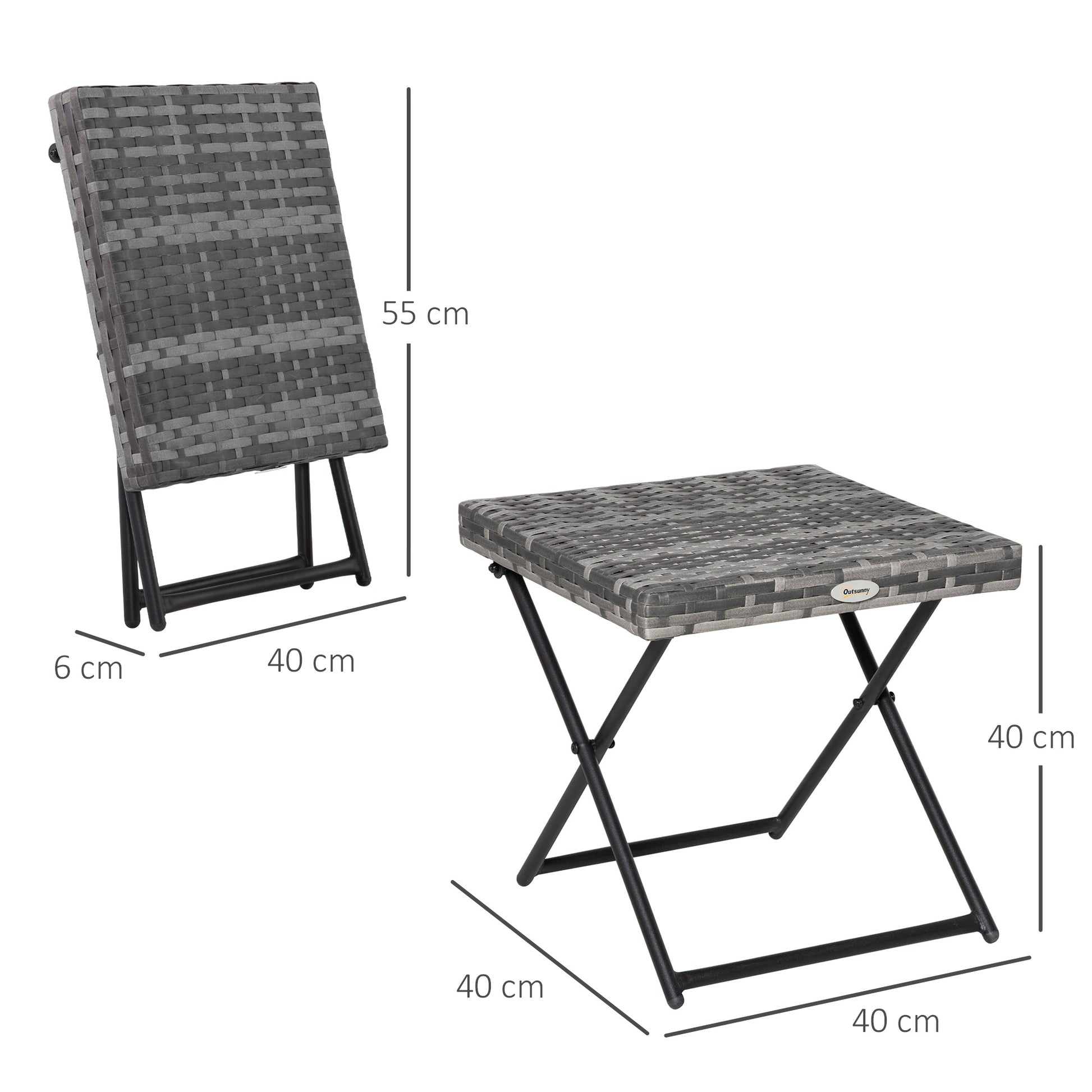 Outsunny Mesa de Jardín de Ratán Sintético 0,16 ㎡ Mesa de Terraza Exterior Plegable con Patas Cruzadas y Marco de Acero para Patio Balcón Gris