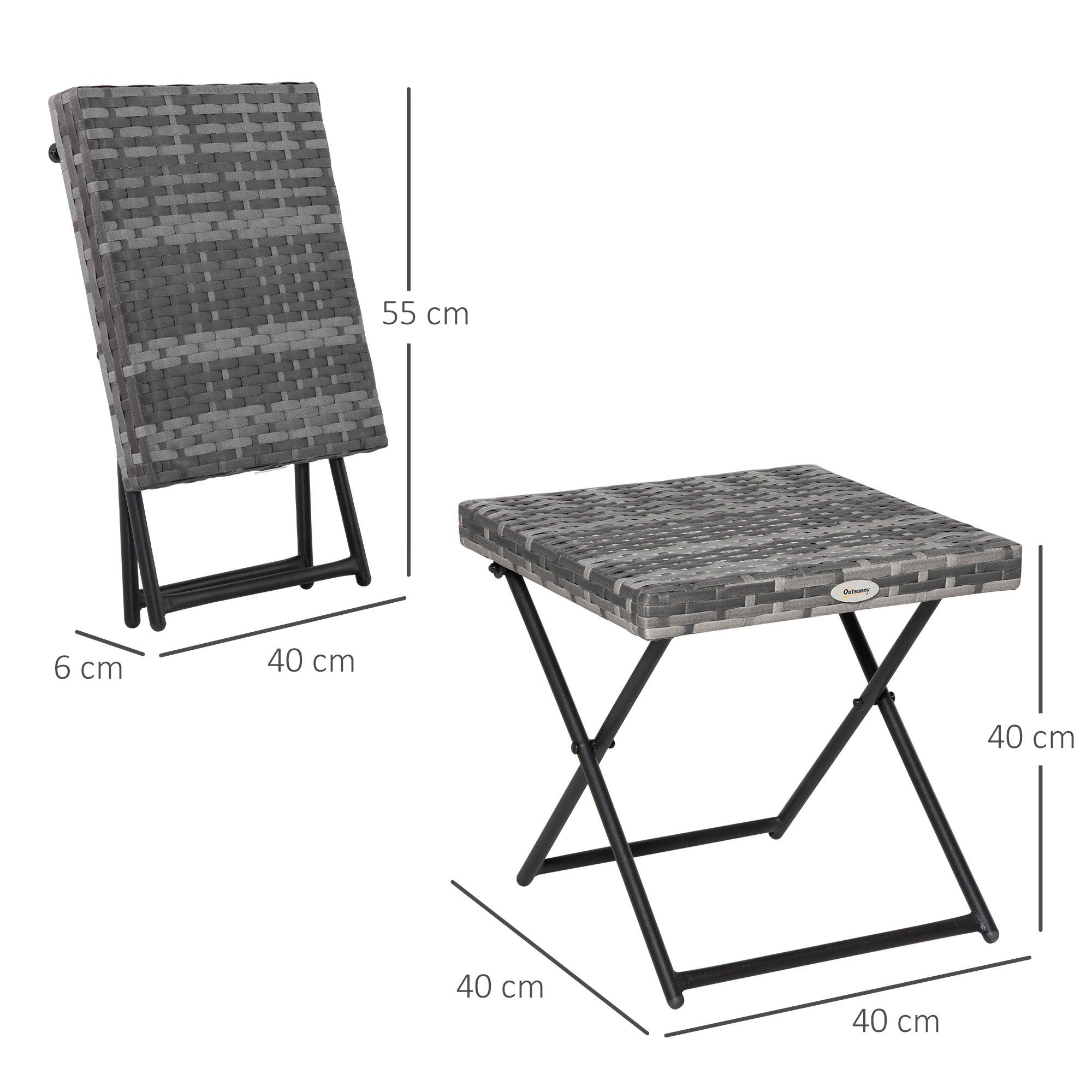 Outsunny Mesa de Jardín de Ratán Sintético 0,16 ㎡ Mesa de Terraza Exterior Plegable con Patas Cruzadas y Marco de Acero para Patio Balcón Gris