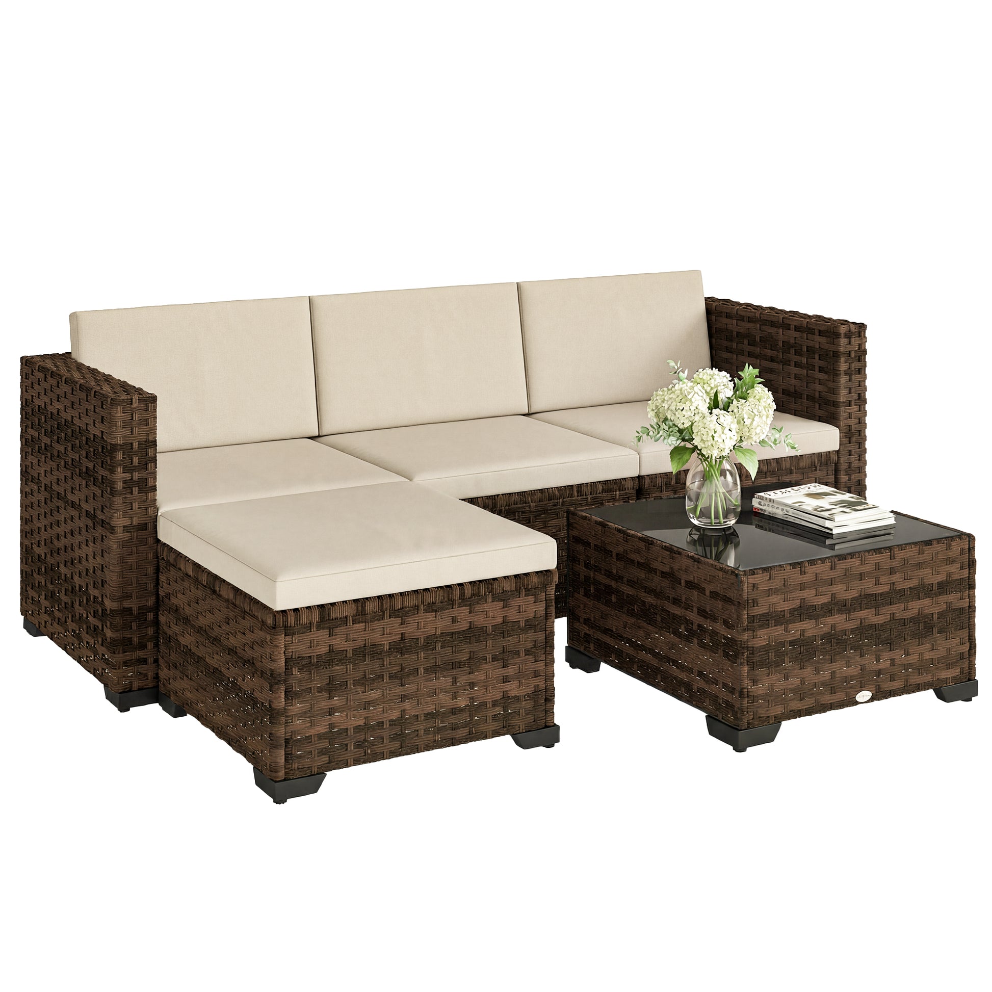Outsunny Conjunto de Jardín de Ratán de 5 Piezas, Conjunto Terraza Resistente, Muebles Jardín Exterior Incluye Cojines, 2 Sillones de Esquina, Sillón sin Brazos, Reposapiés y Mesa Centro, Caqui
