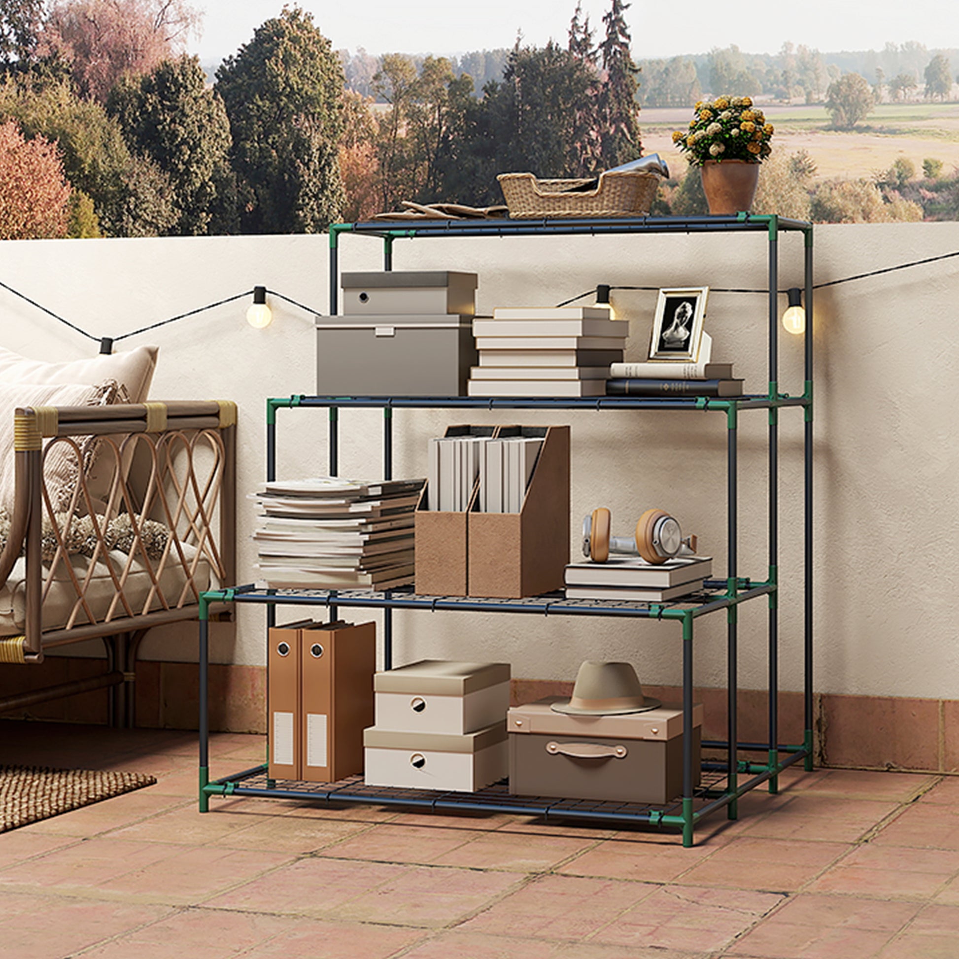 Outsunny Soporte para Plantas de 4 Niveles, Estantería para Plantas de Acero, Diseño en Escalera, Soporte para Macetas para Interior y Exterior, Jardín, Balcón y Patio, 94x84x110 cm, Verde Oscuro