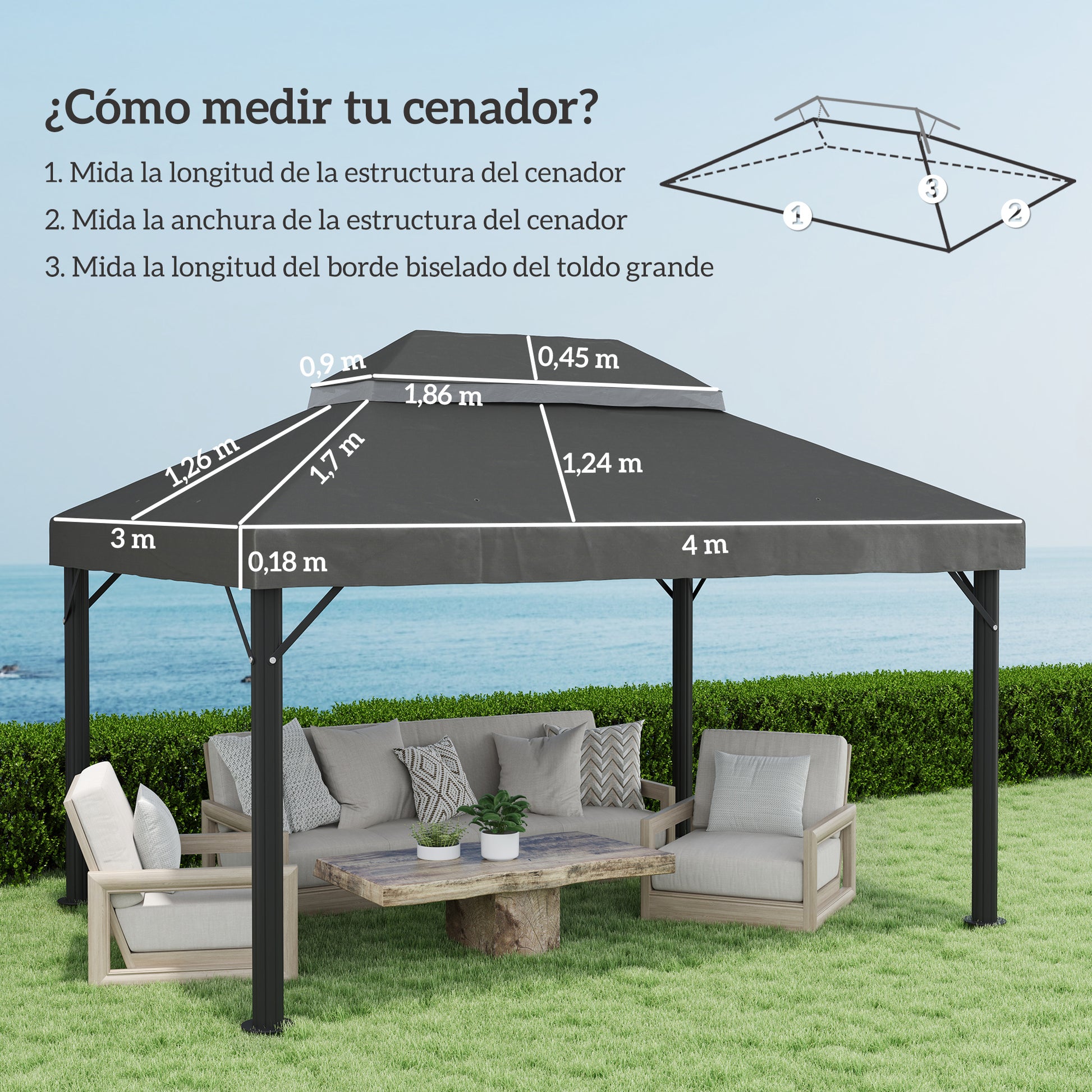 Outsunny Techo de Repuesto para Cenador, 4x3 m, Cubierta de Repuesto con Techo Doble, Orificios de Drenaje y Protección UPF30+, SOLO Toldo de Recambio para Pabellón Gazebo, Gris Oscuro