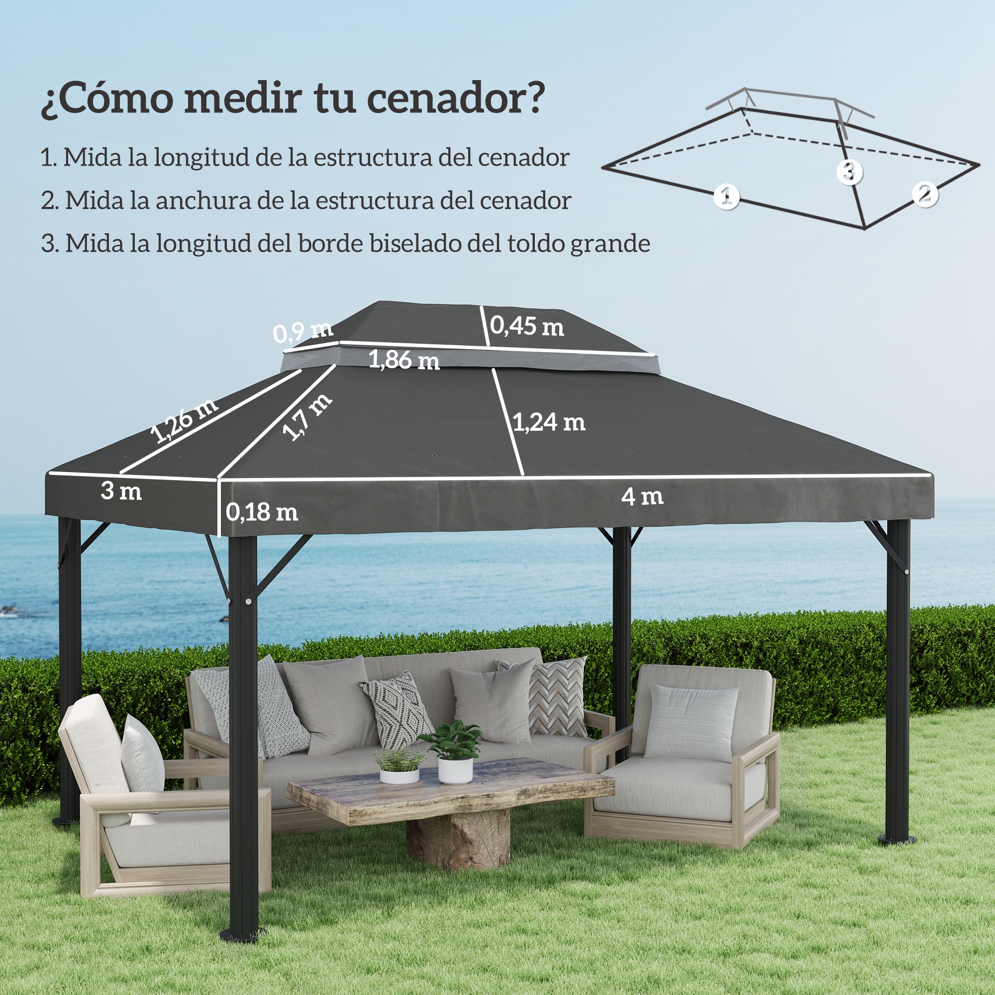 Outsunny Techo de Repuesto para Cenador, 4x3 m, Cubierta de Repuesto con Techo Doble, Orificios de Drenaje y Protección UPF30+, SOLO Toldo de Recambio para Pabellón Gazebo, Gris Oscuro