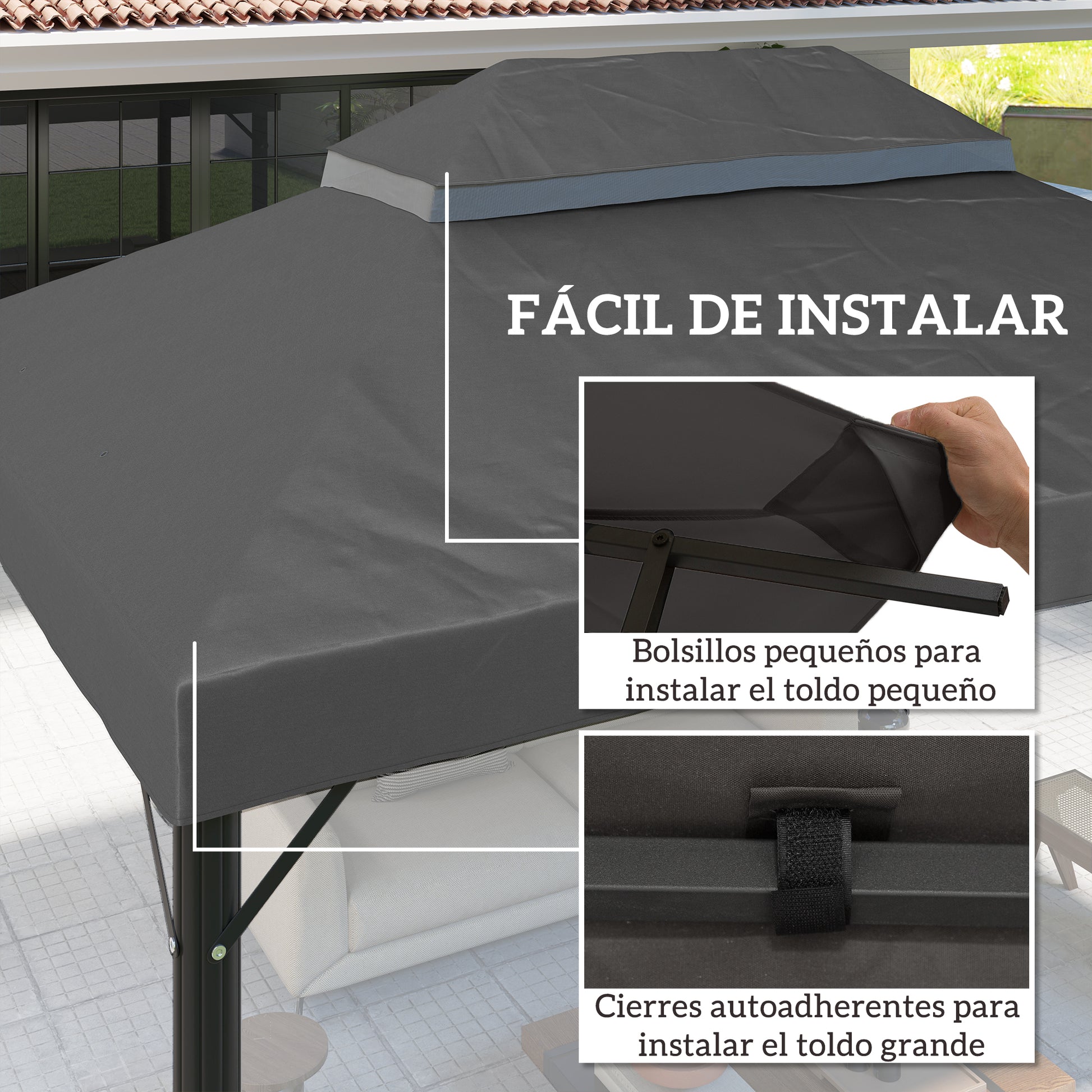 Outsunny Techo de Repuesto para Cenador, 4x3 m, Cubierta de Repuesto con Techo Doble, Orificios de Drenaje y Protección UPF30+, SOLO Toldo de Recambio para Pabellón Gazebo, Gris Oscuro