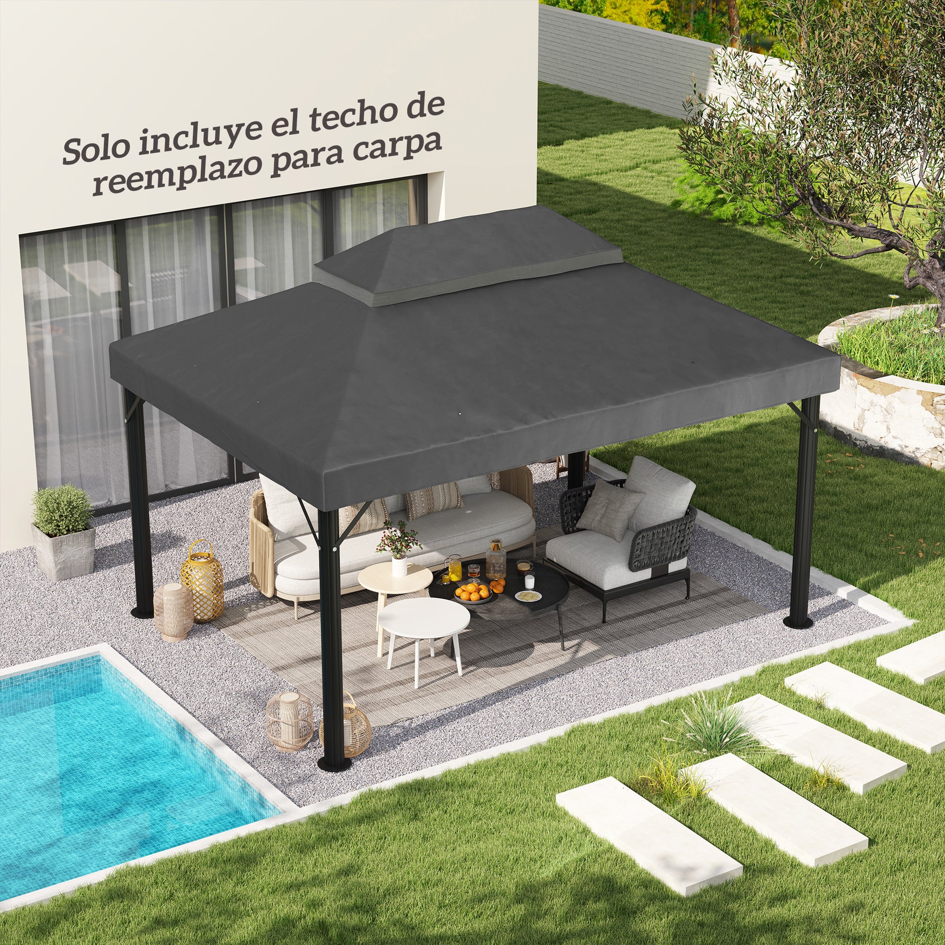 Outsunny Techo de Repuesto para Cenador, 4x3 m, Cubierta de Repuesto con Techo Doble, Orificios de Drenaje y Protección UPF30+, SOLO Toldo de Recambio para Pabellón Gazebo, Gris Oscuro
