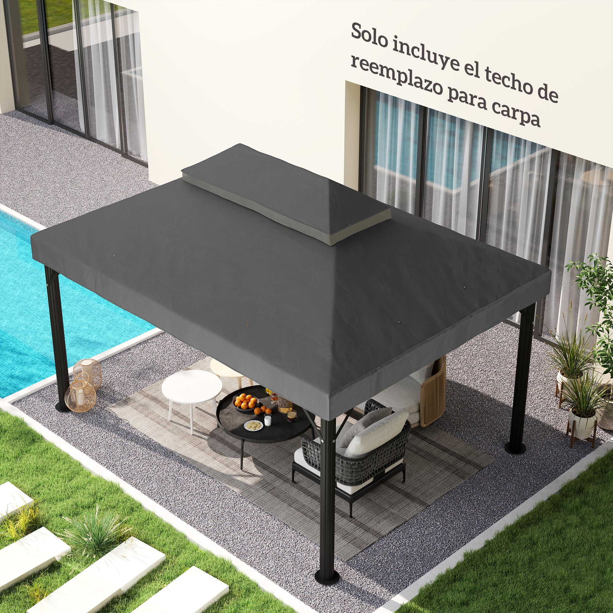 Outsunny Techo de Repuesto para Cenador, 4x3 m, Cubierta de Repuesto con Techo Doble, Orificios de Drenaje y Protección UPF30+, SOLO Toldo de Recambio para Pabellón Gazebo, Gris Oscuro