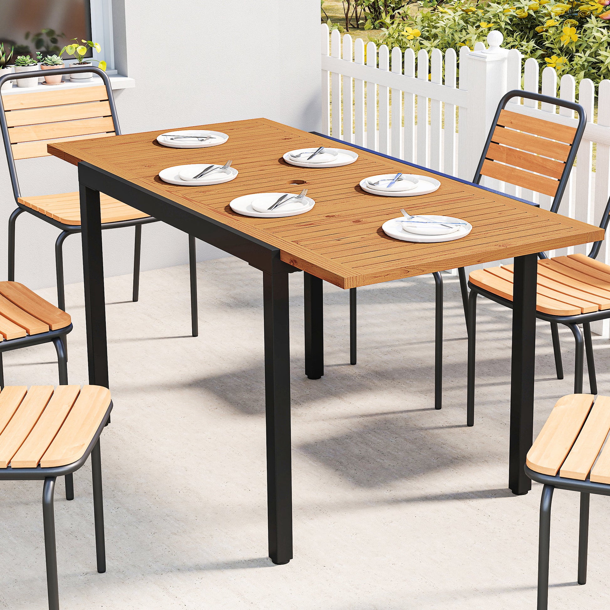 Outsunny Mesa de Jardín Extensible 100/150x70 cm, Mesa de Comedor Exterior Extensible Rectangular de Madera y Metal con Agujero para Sombrilla, para 4-6 Personas, para Patio, Terraza, Teca y Negro