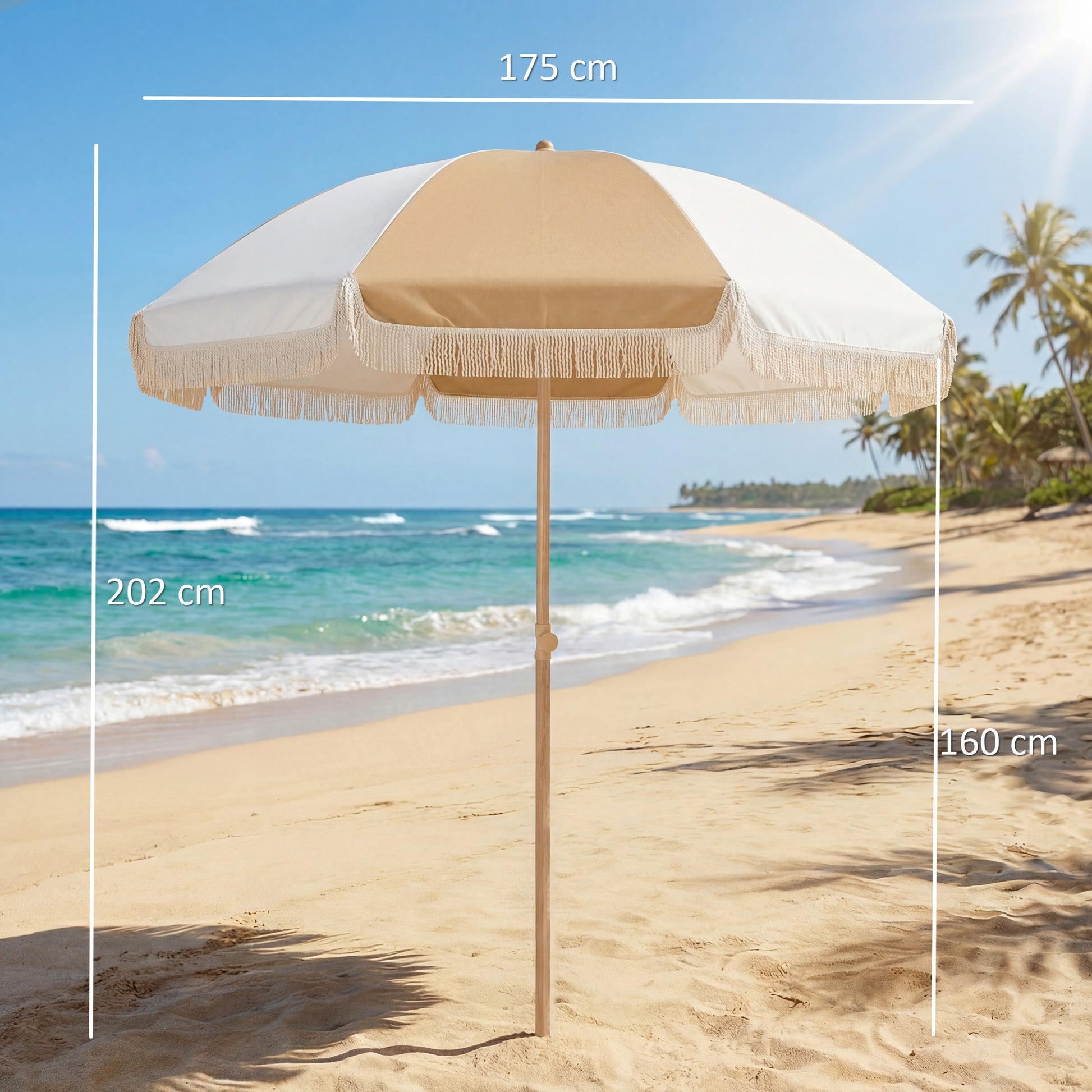 Outsunny Sombrilla de Playa con Flecos Ø175 cm, Sombrilla de Terraza Exterior con Altura Ajustable, Inclinación 30°, Anclaje Arena, UPF30+ y Bolsa de Transporte, Blanco y Beige