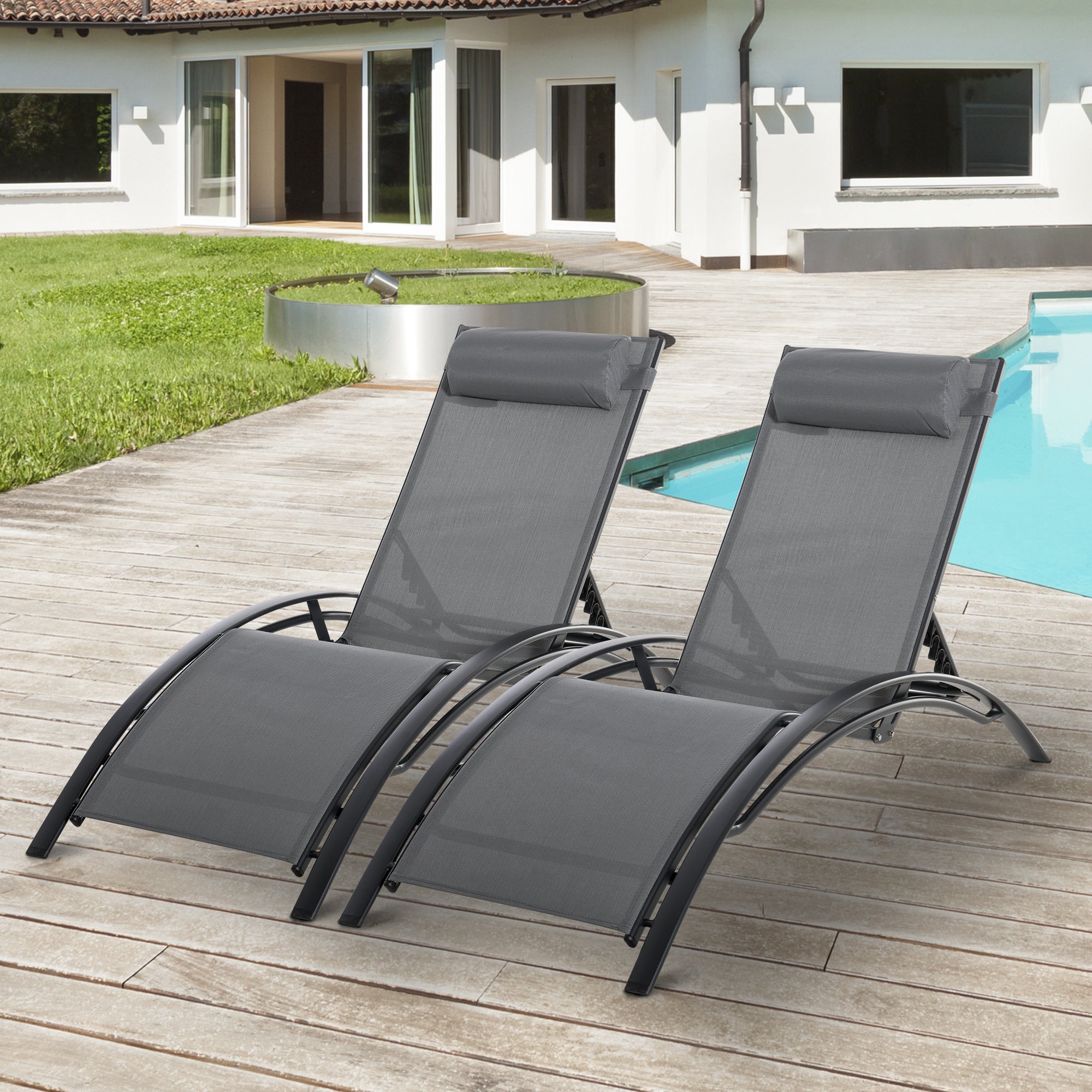Outsunny Juego de 2 Tumbonas de Jardín Relax con Marco de Aluminio Tumbonas Reclinables con Respaldo Ajustable en 5 Posiciones y Reposacabezas para Terraza Balcón 171x64x82 cm Gris
