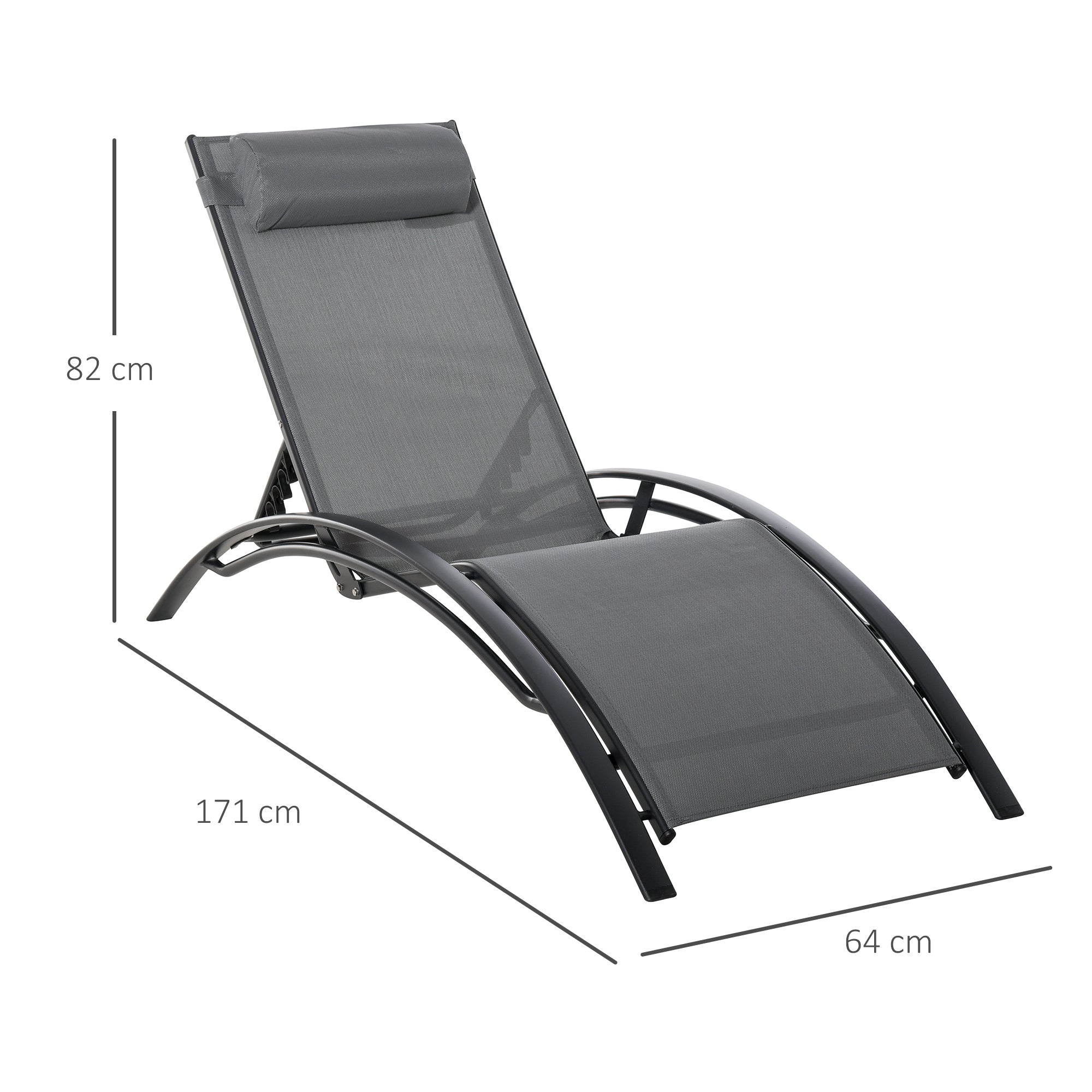 Outsunny Juego de 2 Tumbonas de Jardín Relax con Marco de Aluminio Tumbonas Reclinables con Respaldo Ajustable en 5 Posiciones y Reposacabezas para Terraza Balcón 171x64x82 cm Gris