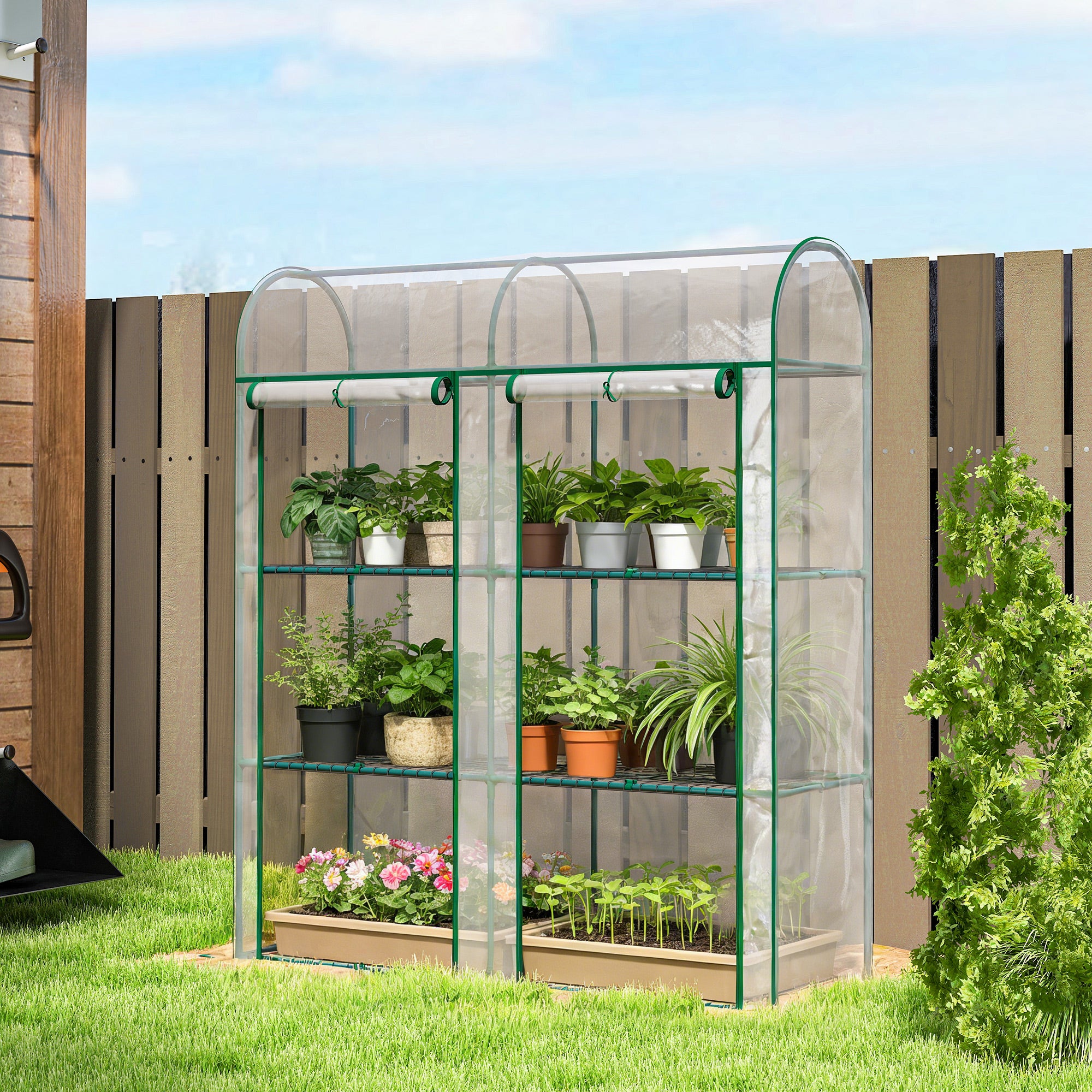 Outsunny Invernadero Pequeño de 3 Niveles, Invernadero de Exterior con 2 Puertas Enrollables, Marco de Acero y Cubierta de Plástico Anti-UV para Cultivar Plantas, Flores, 143x46x164 cm, Transparente