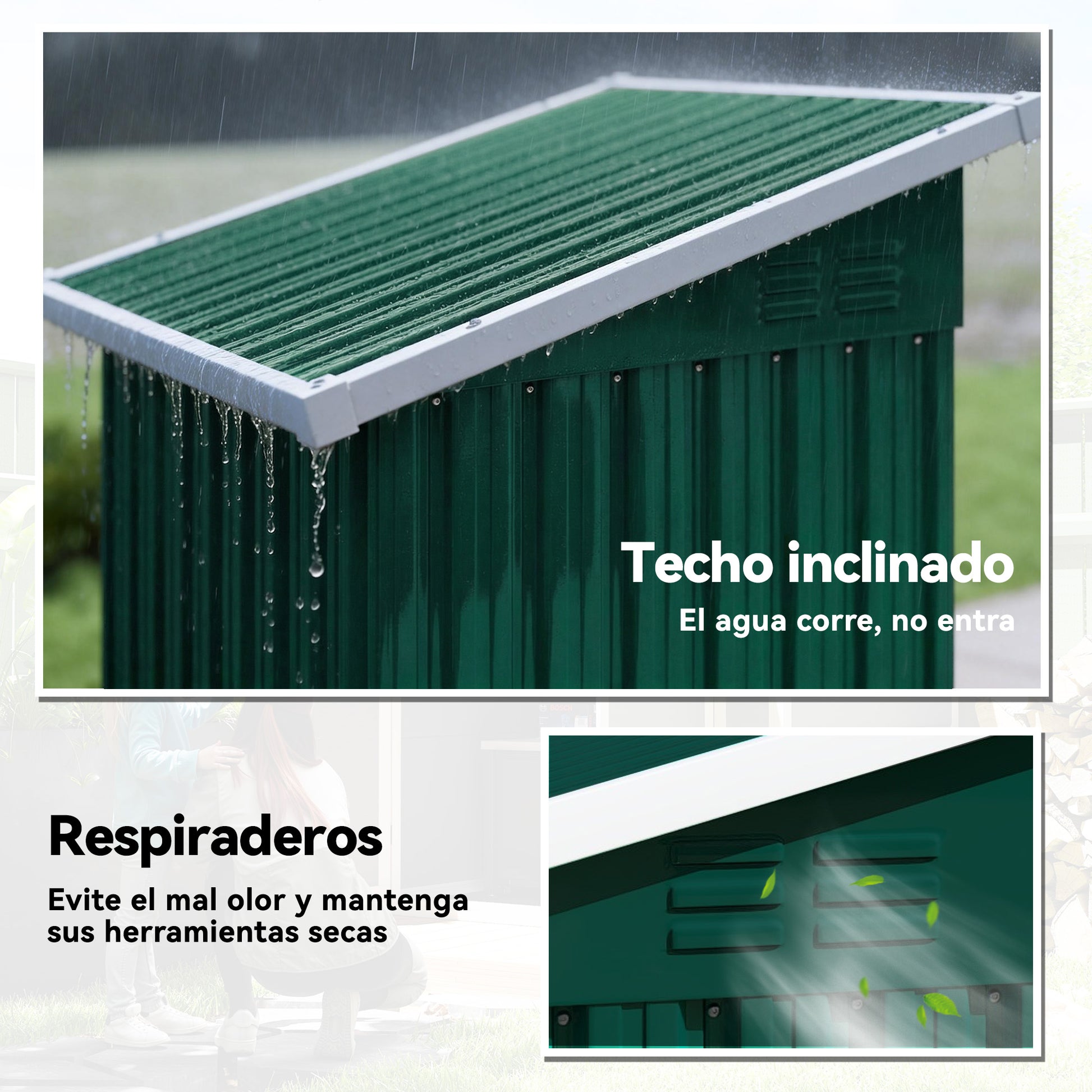 Outsunny Caseta de Jardín Exterior 0,74 m², 107,5x91x185 cm, Cobertizo de Jardín Exterior Metálico con Techo Inclinado, Puerta con Cerradura y Ventilaciones para Almacenamiento de Herramientas, Verde