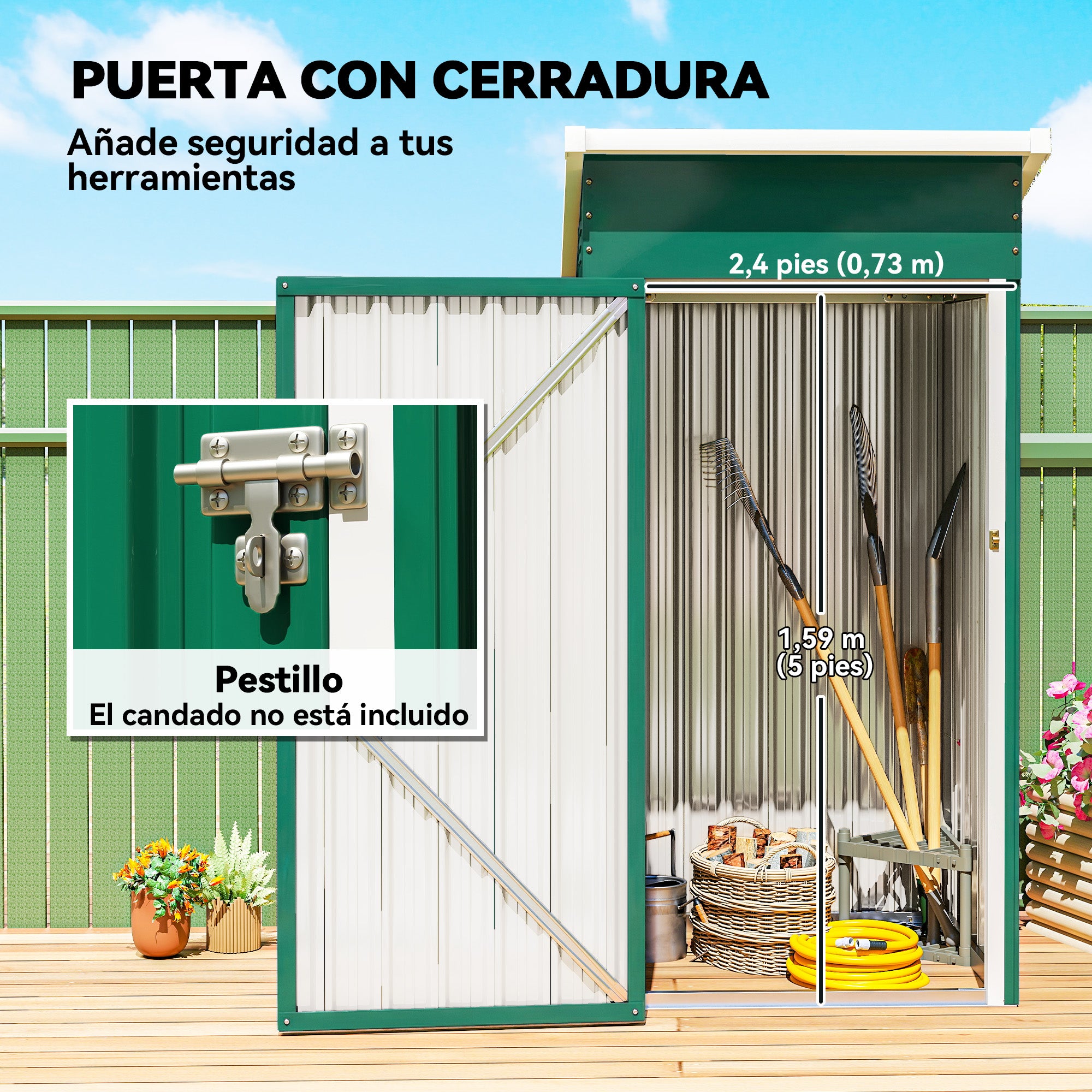 Outsunny Caseta de Jardín Exterior 0,74 m², 107,5x91x185 cm, Cobertizo de Jardín Exterior Metálico con Techo Inclinado, Puerta con Cerradura y Ventilaciones para Almacenamiento de Herramientas, Verde