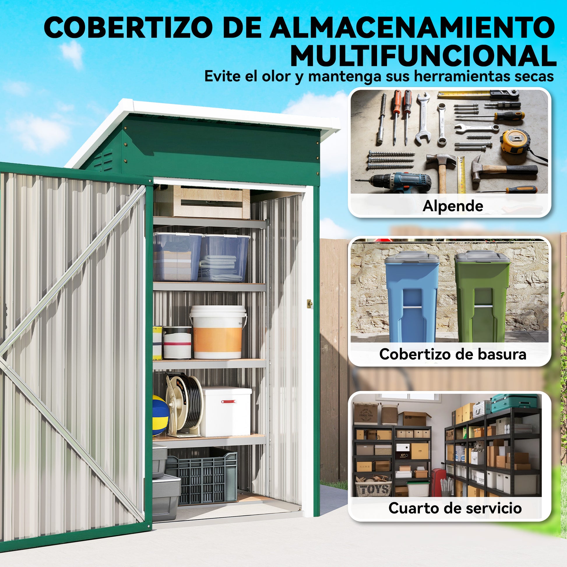 Outsunny Caseta de Jardín Exterior 0,74 m², 107,5x91x185 cm, Cobertizo de Jardín Exterior Metálico con Techo Inclinado, Puerta con Cerradura y Ventilaciones para Almacenamiento de Herramientas, Verde