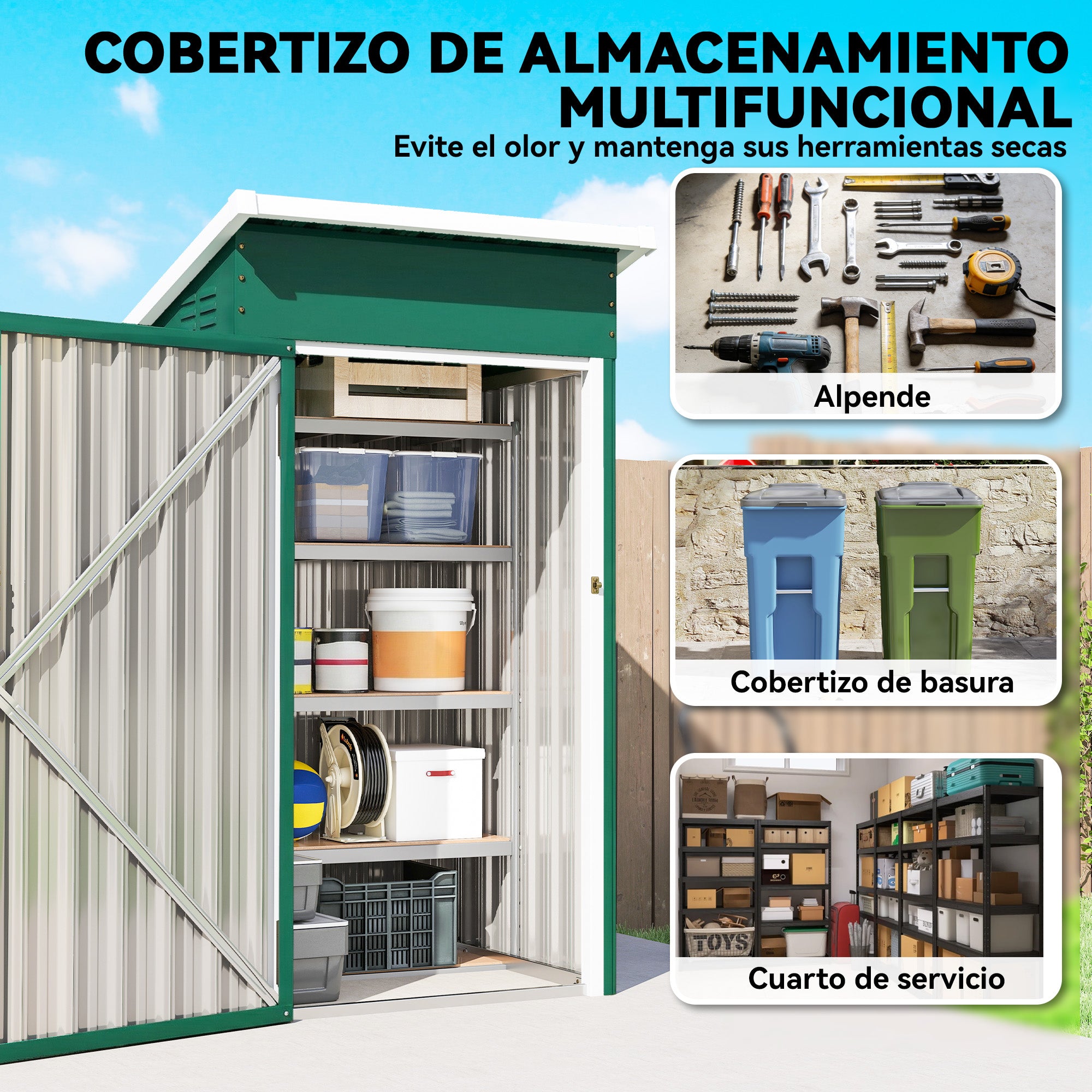 Outsunny Caseta de Jardín Exterior 0,74 m², 107,5x91x185 cm, Cobertizo de Jardín Exterior Metálico con Techo Inclinado, Puerta con Cerradura y Ventilaciones para Almacenamiento de Herramientas, Verde