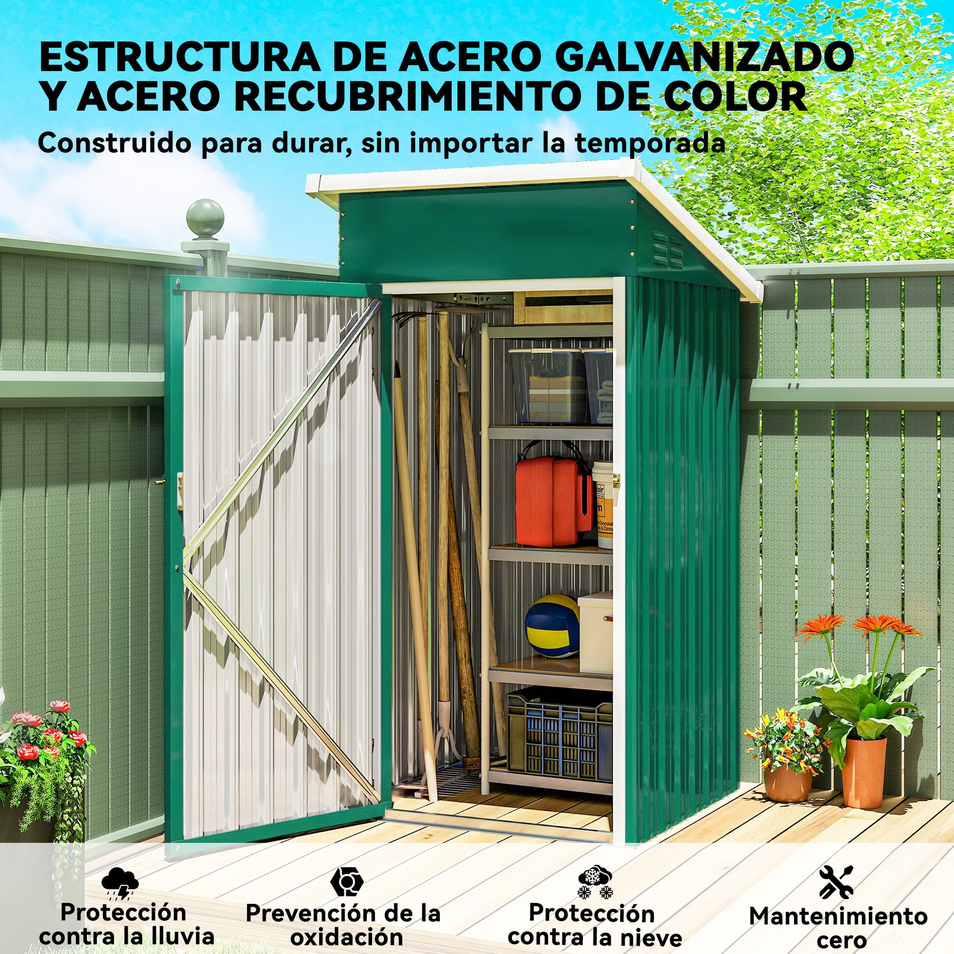 Outsunny Caseta de Jardín Exterior 0,74 m², 107,5x91x185 cm, Cobertizo de Jardín Exterior Metálico con Techo Inclinado, Puerta con Cerradura y Ventilaciones para Almacenamiento de Herramientas, Verde