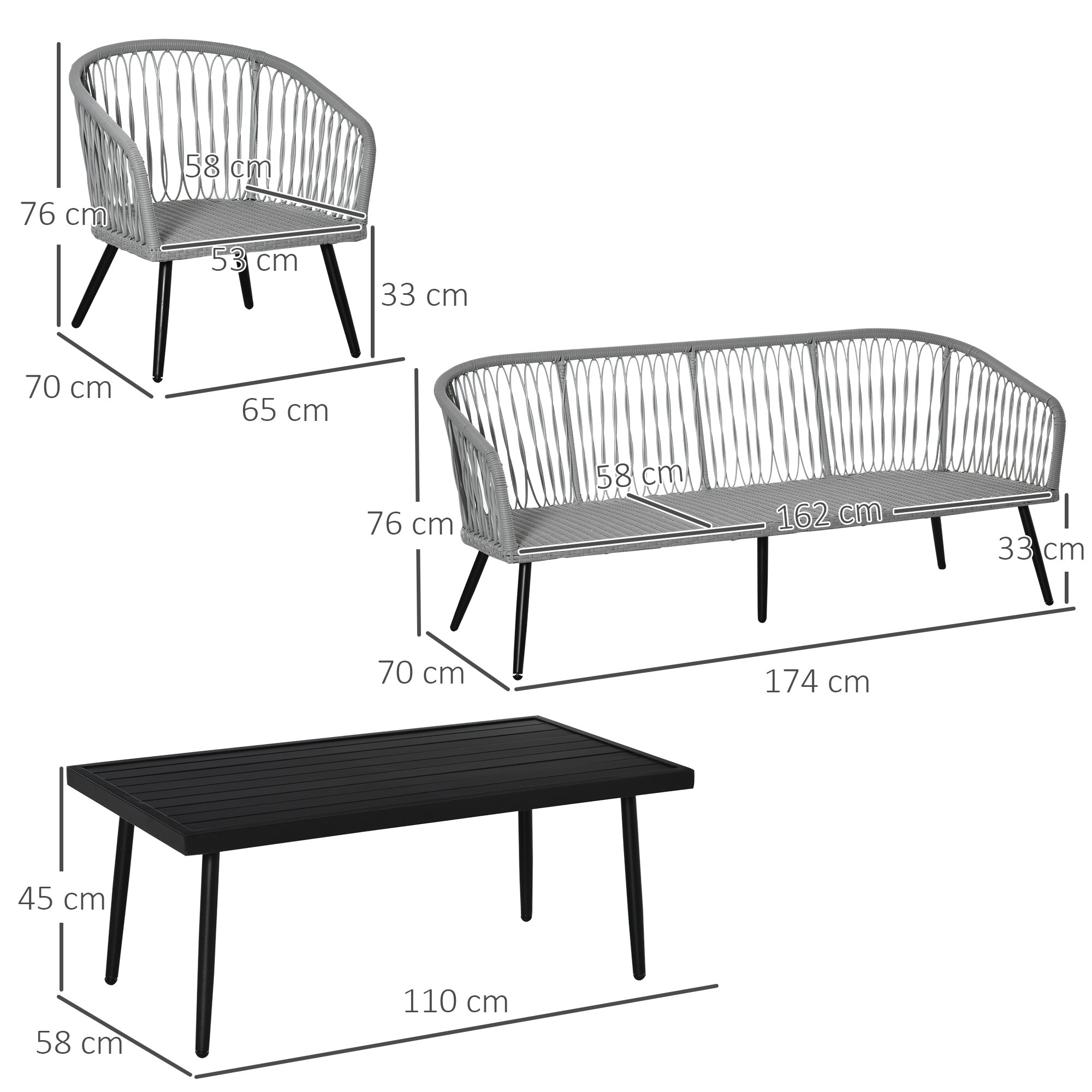 Outsunny Conjunto de Muebles de Ratán y Aluminio Juego de Muebles de Jardín 4 Piezas Mesa de Café Sofá de 3 Plazas y 2 Sillones con Cojines para Terraza Exterior Gris