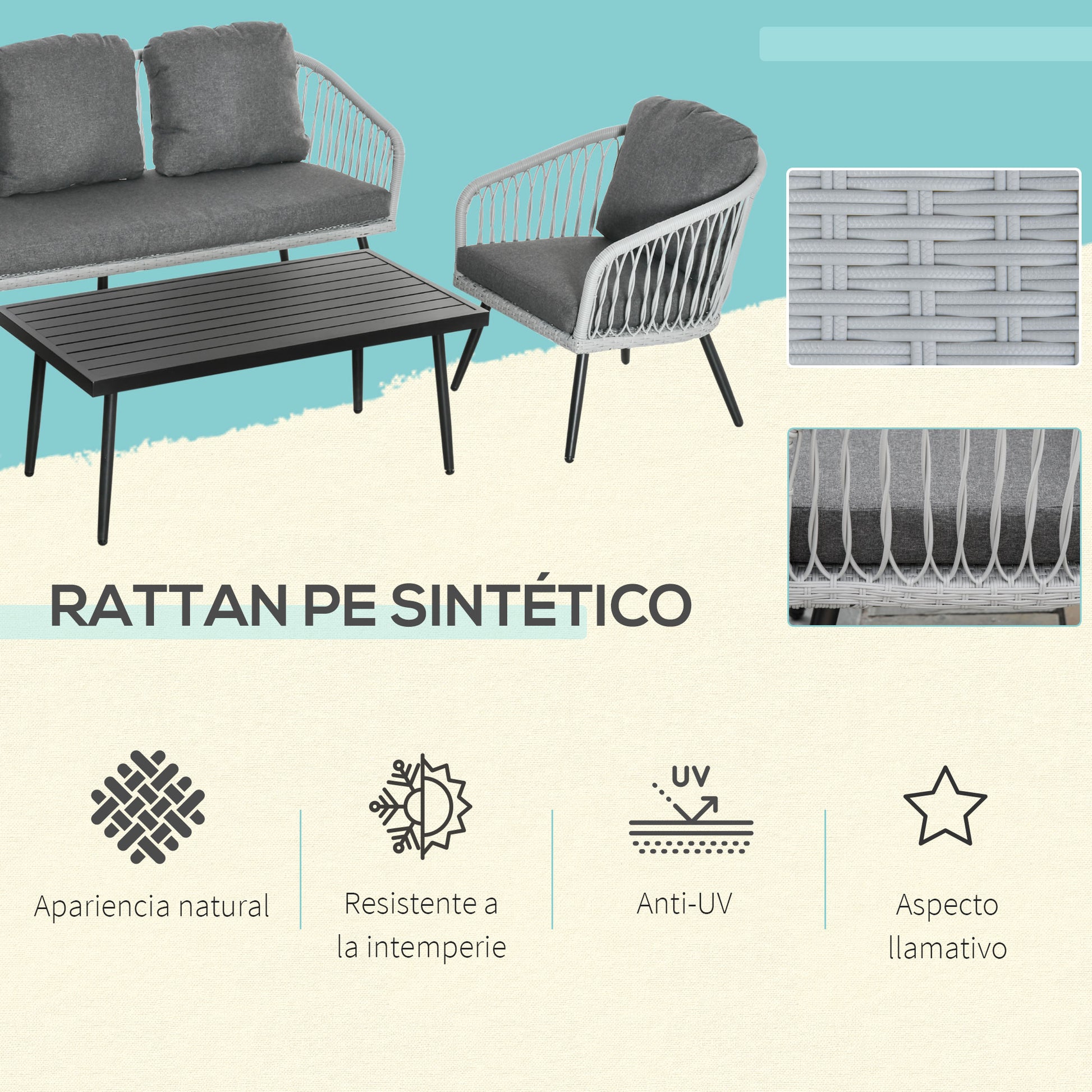 Outsunny Conjunto de Muebles de Ratán y Aluminio Juego de Muebles de Jardín 4 Piezas Mesa de Café Sofá de 3 Plazas y 2 Sillones con Cojines para Terraza Exterior Gris