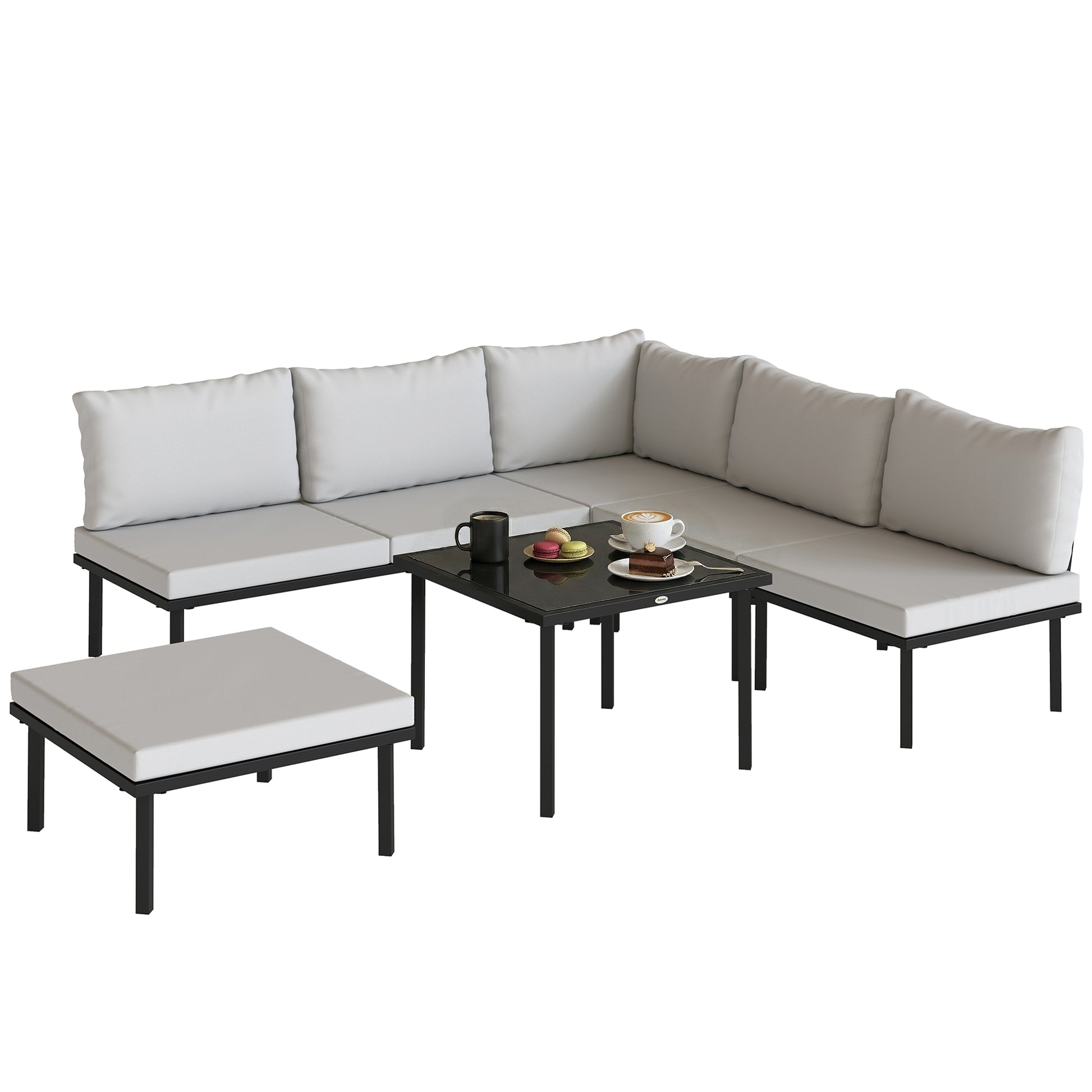 Outsunny Conjunto de Muebles Jardín Exterior de 6 Piezas Sofá Exterior Seccional Forma de L con Sofá de 2 Plazas Módulo de Esquina 2 Sillones Reposapiés Mesa con Tapa de Vidrio y Cojines Gris Claro