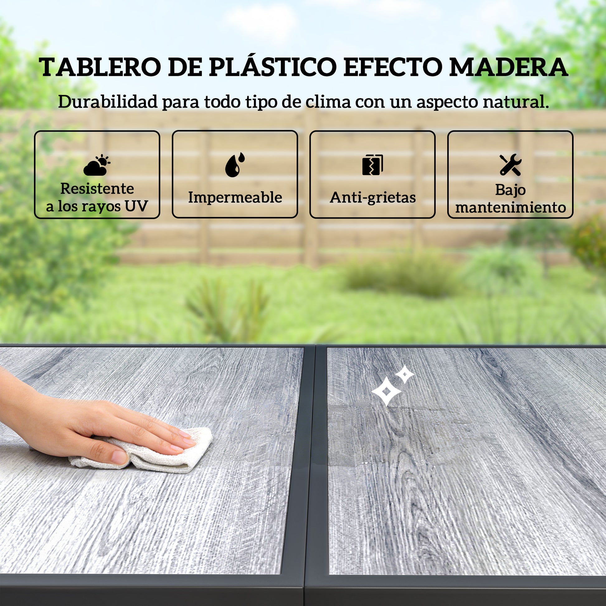 Outsunny Conjunto de Mesa y Sillas Jardín de 7 Piezas, Muebles de Jardín Exterior con Mesa de Efecto Madera y 6 Sillas con Asiento Transpirable, Marco de Acero Galvanizado, para Terraza, Patio, Negro