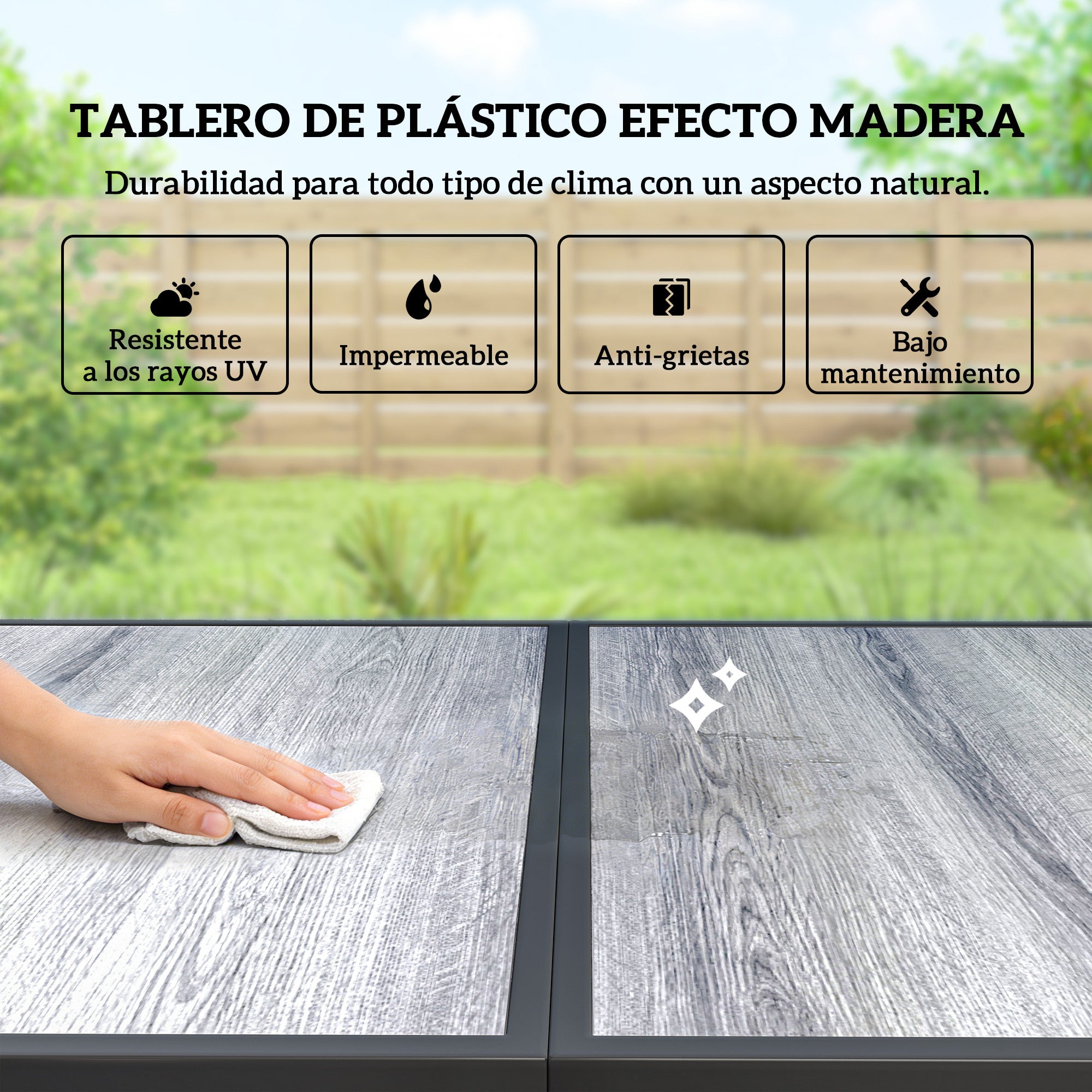 Outsunny Conjunto de Mesa y Sillas Jardín de 7 Piezas, Muebles de Jardín Exterior con Mesa de Efecto Madera y 6 Sillas con Asiento Transpirable, Marco de Acero Galvanizado, para Terraza, Patio, Negro