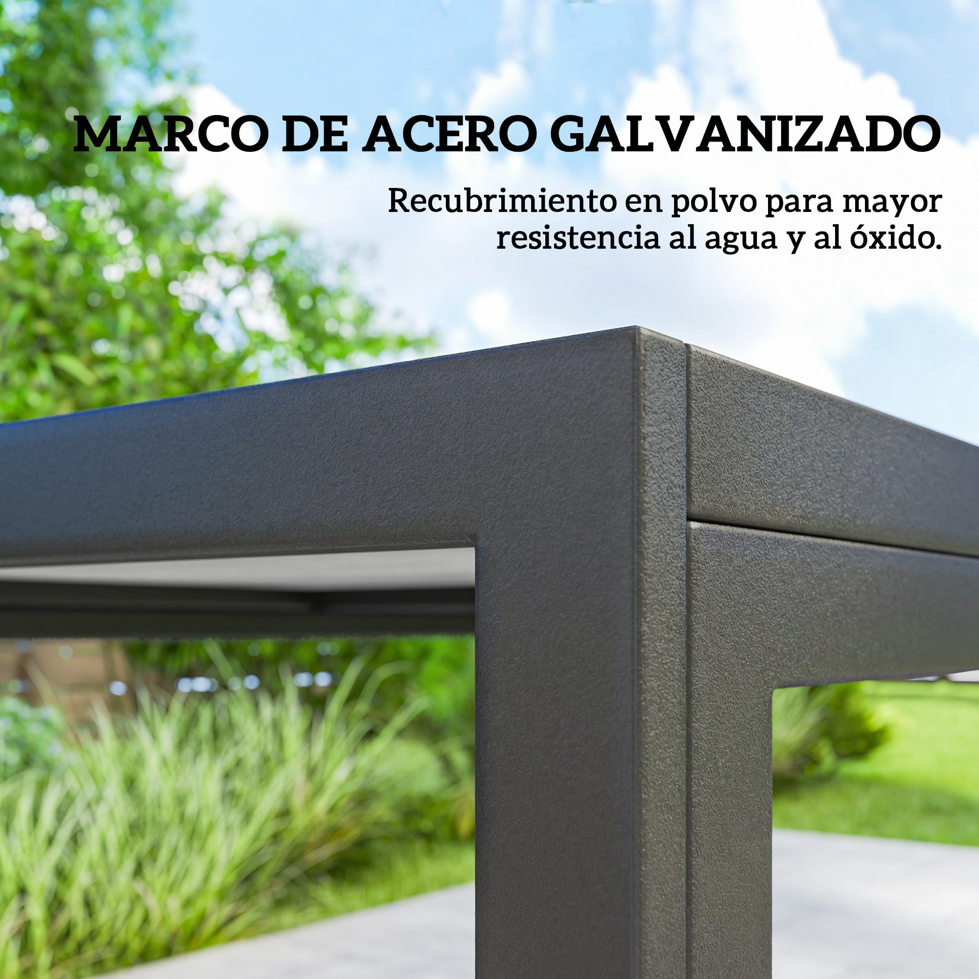 Outsunny Conjunto de Mesa y Sillas Jardín de 7 Piezas, Muebles de Jardín Exterior con Mesa de Efecto Madera y 6 Sillas con Asiento Transpirable, Marco de Acero Galvanizado, para Terraza, Patio, Negro