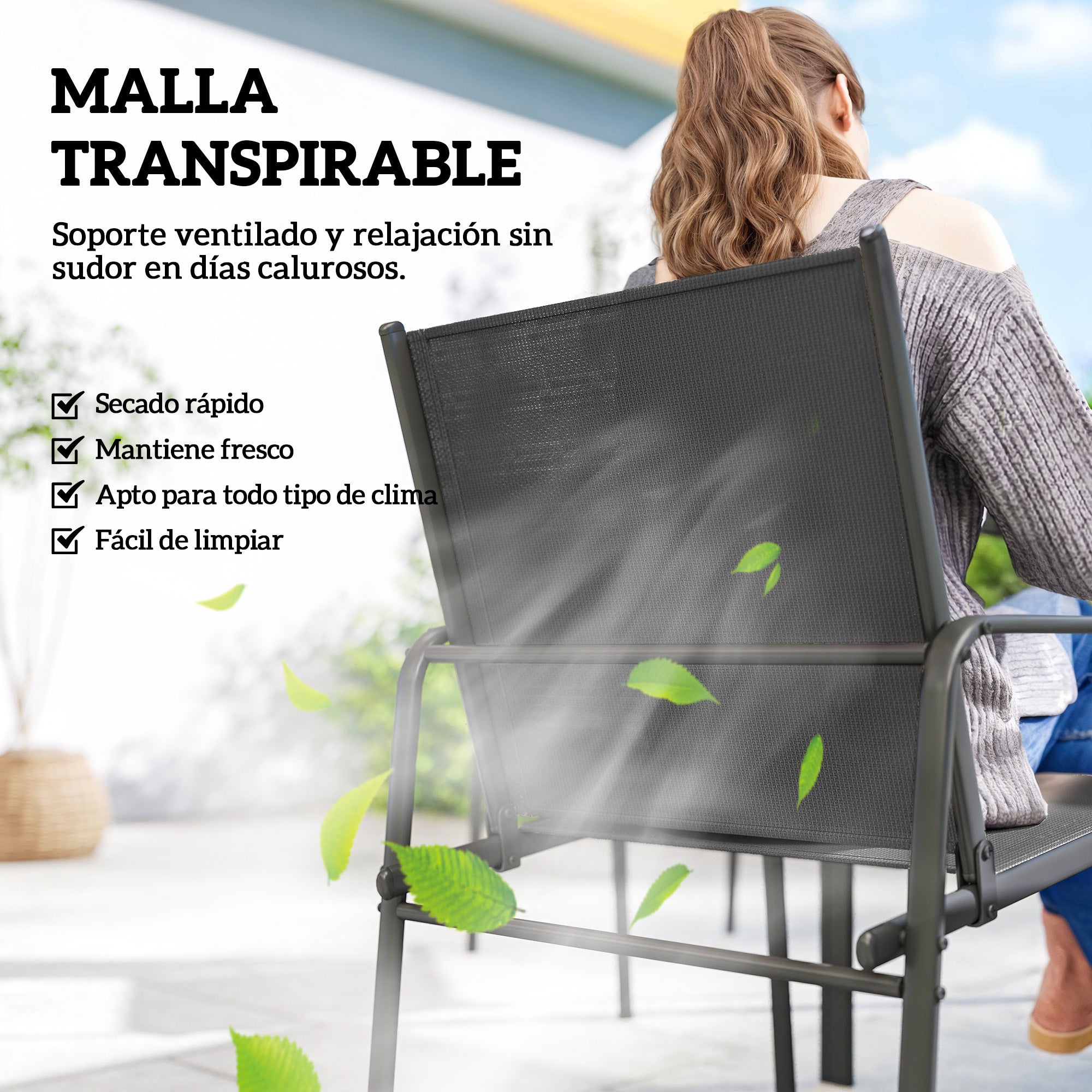 Outsunny Conjunto de Mesa y Sillas Jardín de 7 Piezas, Muebles de Jardín Exterior con Mesa de Efecto Madera y 6 Sillas con Asiento Transpirable, Marco de Acero Galvanizado, para Terraza, Patio, Negro
