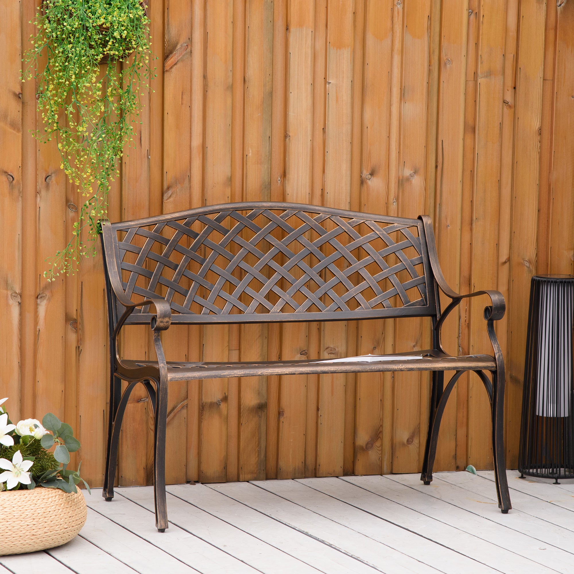 Outsunny Banco de Jardín de 2 Plazas de Aluminio Fundido Banco de Exterior Estilo Vintage para Terraza Balcón Patio Carga 240 kg 103x62x83 cm Bronce