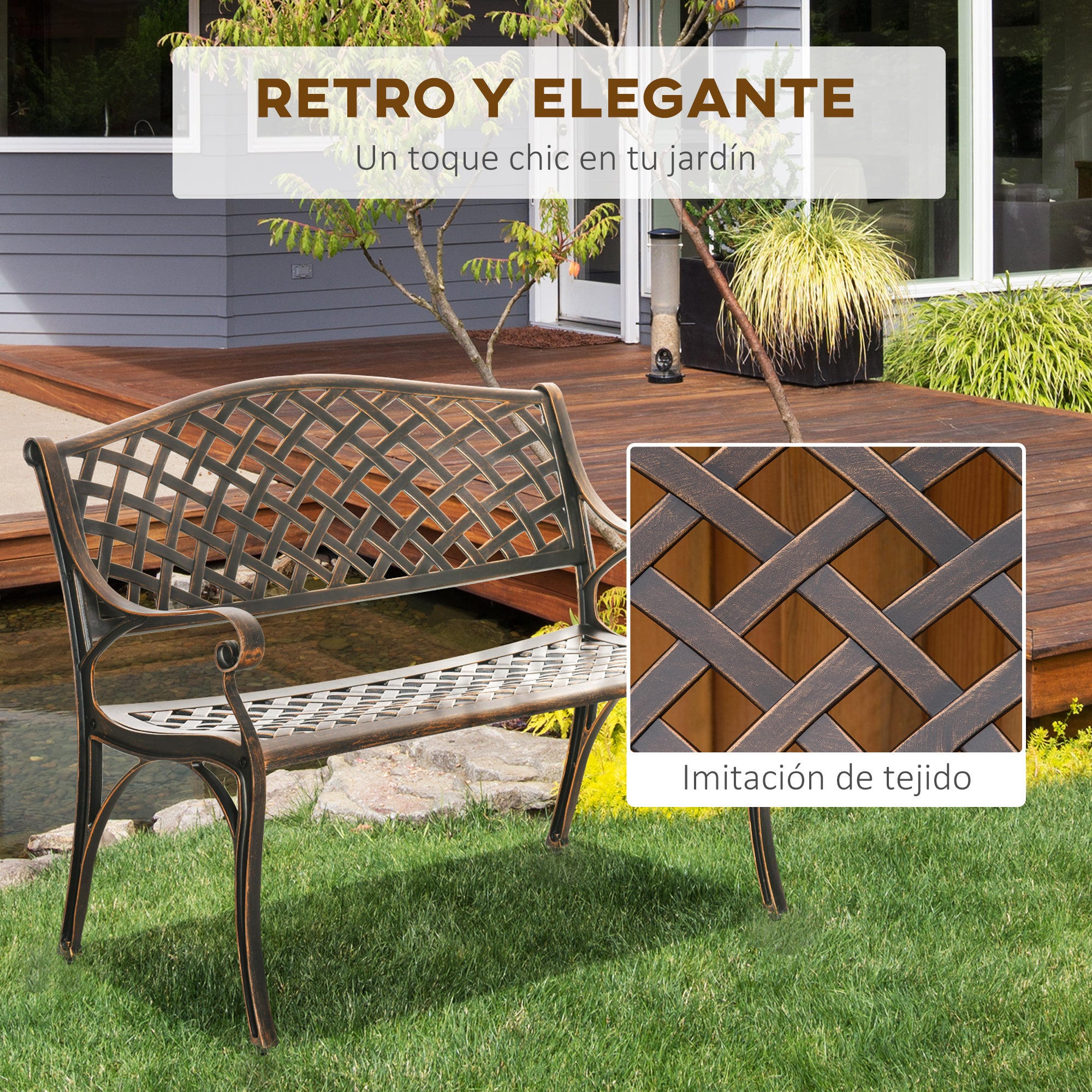 Outsunny Banco de Jardín de 2 Plazas de Aluminio Fundido Banco de Exterior Estilo Vintage para Terraza Balcón Patio Carga 240 kg 103x62x83 cm Bronce