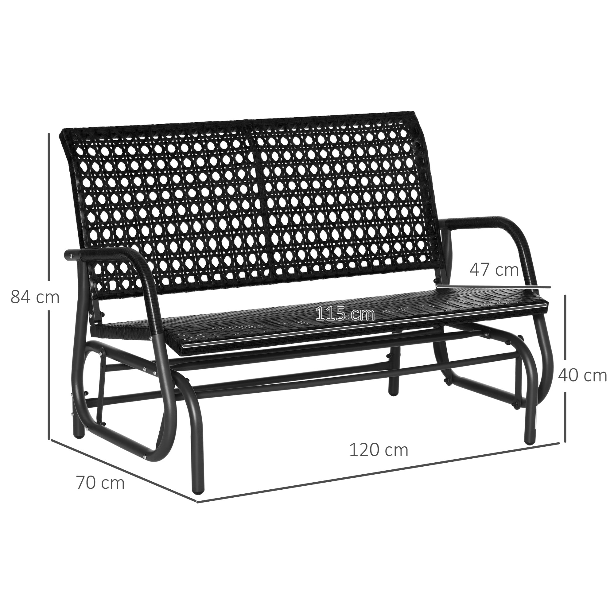 Outsunny Mecedora de Ratán de 2 Plazas Banco Balancín de Jardín con Balanceo Ergonómico y Marco de Metal para Terraza Balcón Exterior Patio Hotel Carga 220 kg 120x70x84 cm Negro